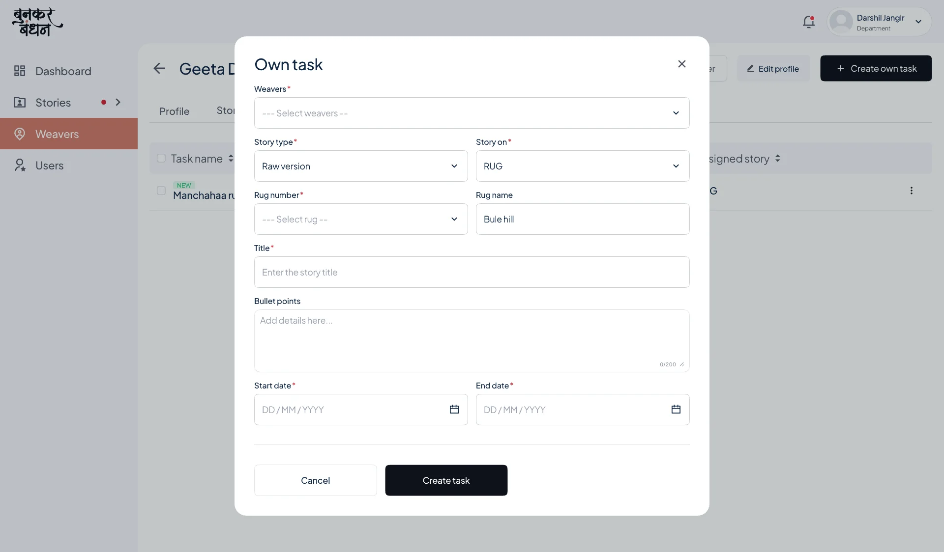 Own task dialog: weaver, story type, story on, rug, title, bullet points, start and end date