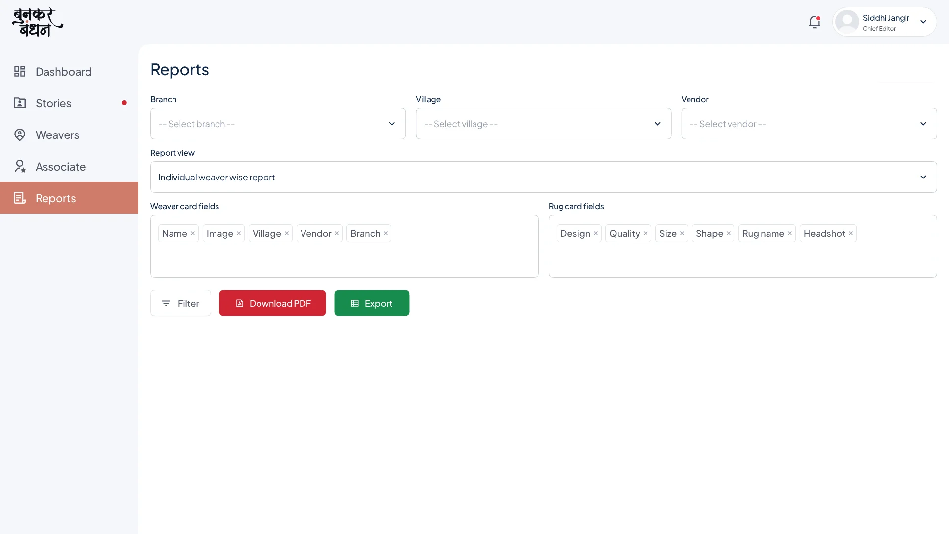 Reports with branch, village, vendor, report type, weaver and rug fields, download PDF and export