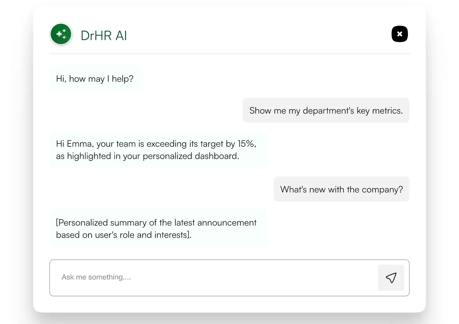 DrHR AI chat: an HR manager asks for department metrics and what is new with the company, and gets short answers