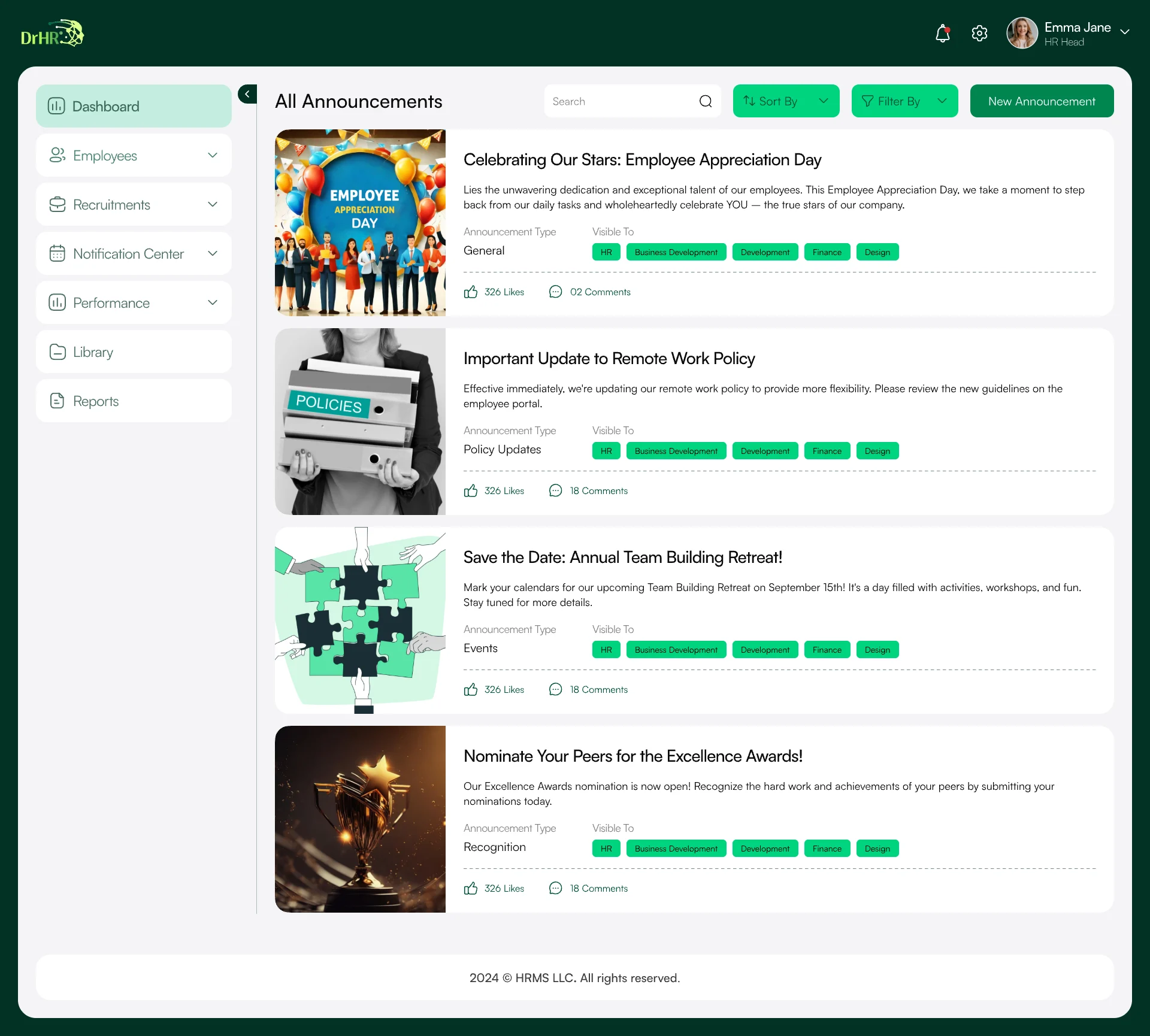 All announcements: appreciation day, a remote work policy update, a team retreat and excellence awards, each with audience tags, likes and comments