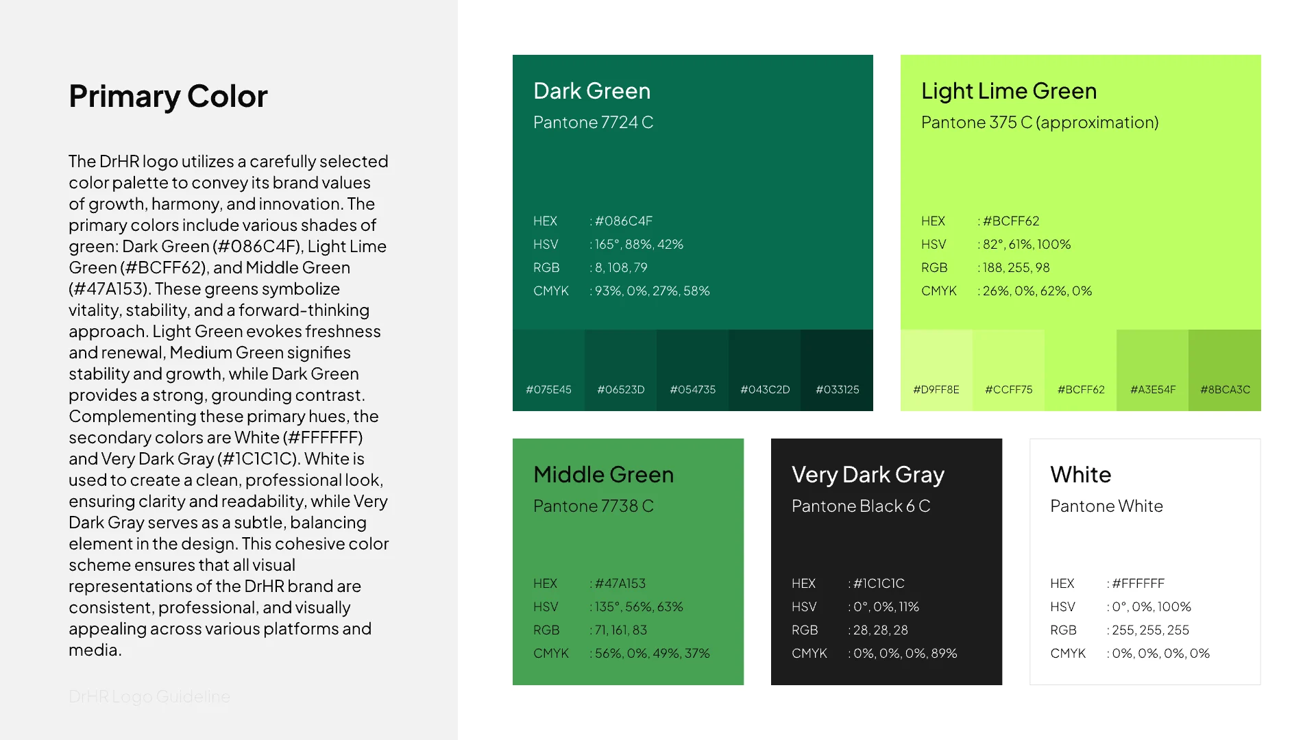 Primary colours: dark green, light lime green, middle green, very dark gray and white, with Pantone, hex, RGB and CMYK values