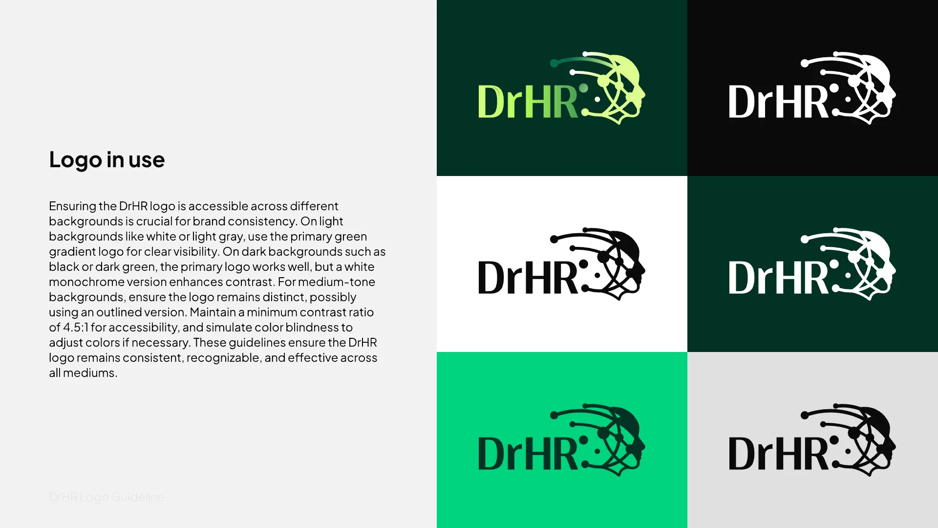 The logo on six backgrounds, from lime and dark green to black and white
