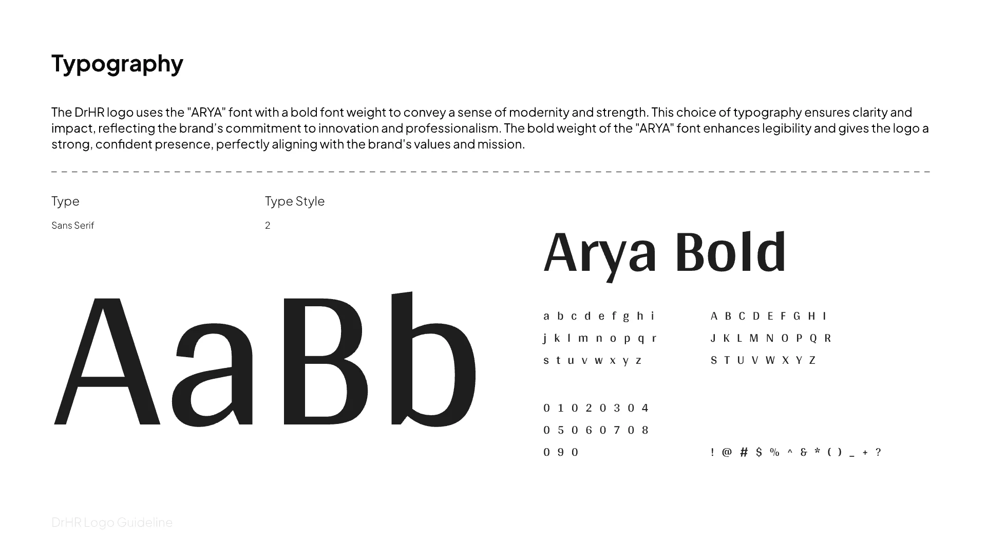 Typography page showing Arya Bold with its alphabet and numerals