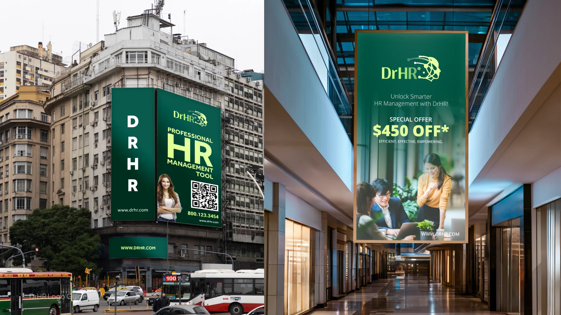 DrHR billboards on a building and in a mall