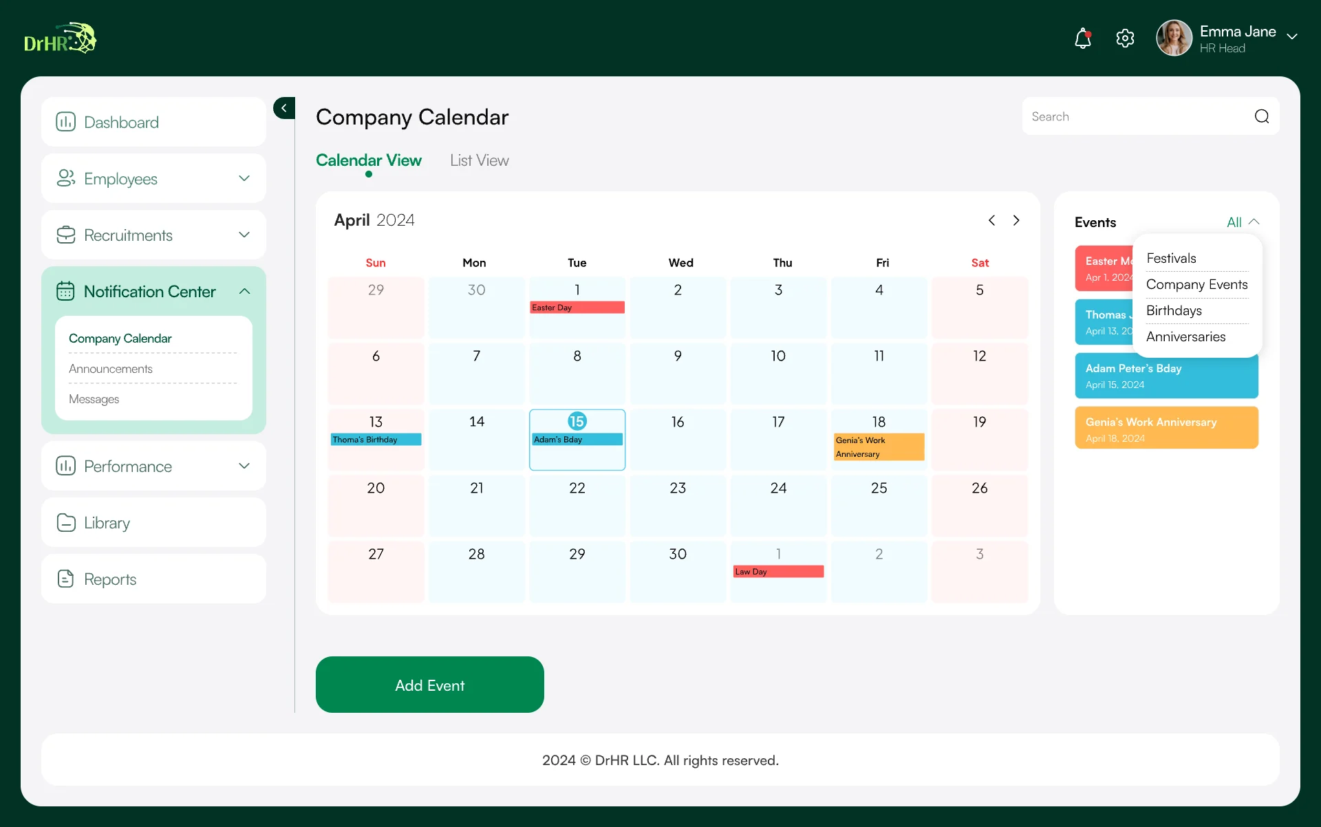 Company calendar for April with holidays, birthdays and work anniversaries