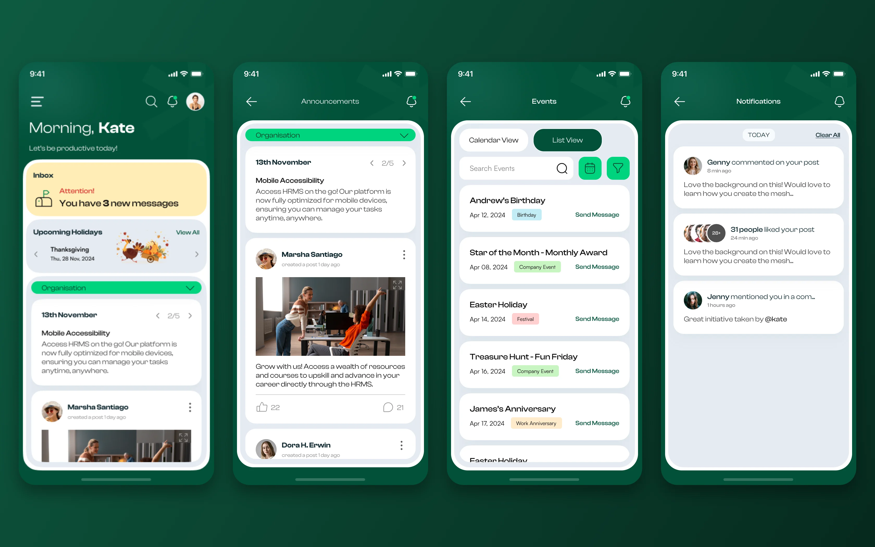 DrHR mobile: home with new messages and holidays, announcements with comments, events list and notifications