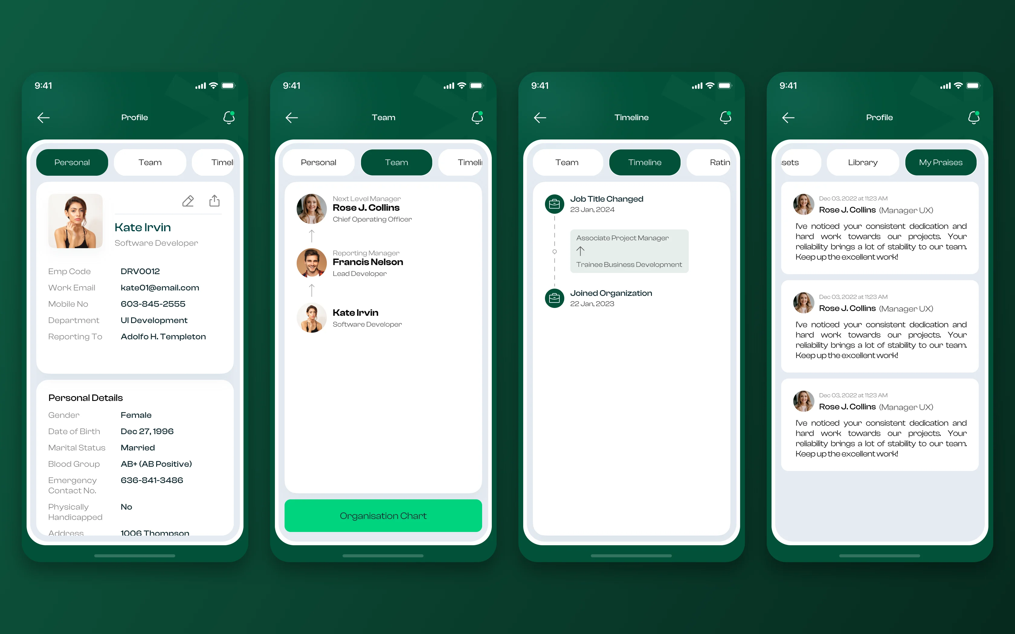 DrHR mobile: profile details, team reporting line, role timeline and praise received