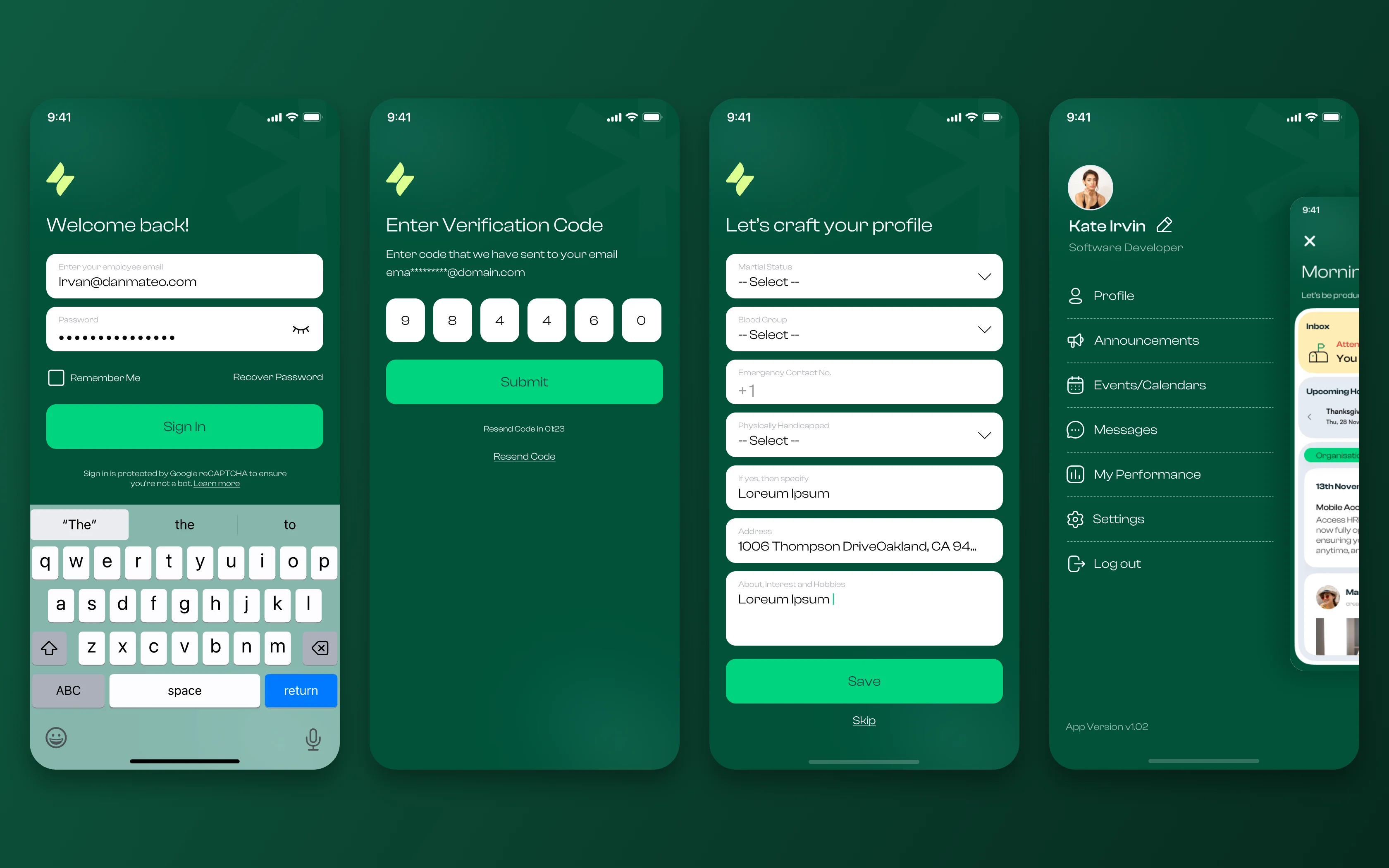 DrHR mobile: sign in, verification code, the craft-your-profile step and the side menu