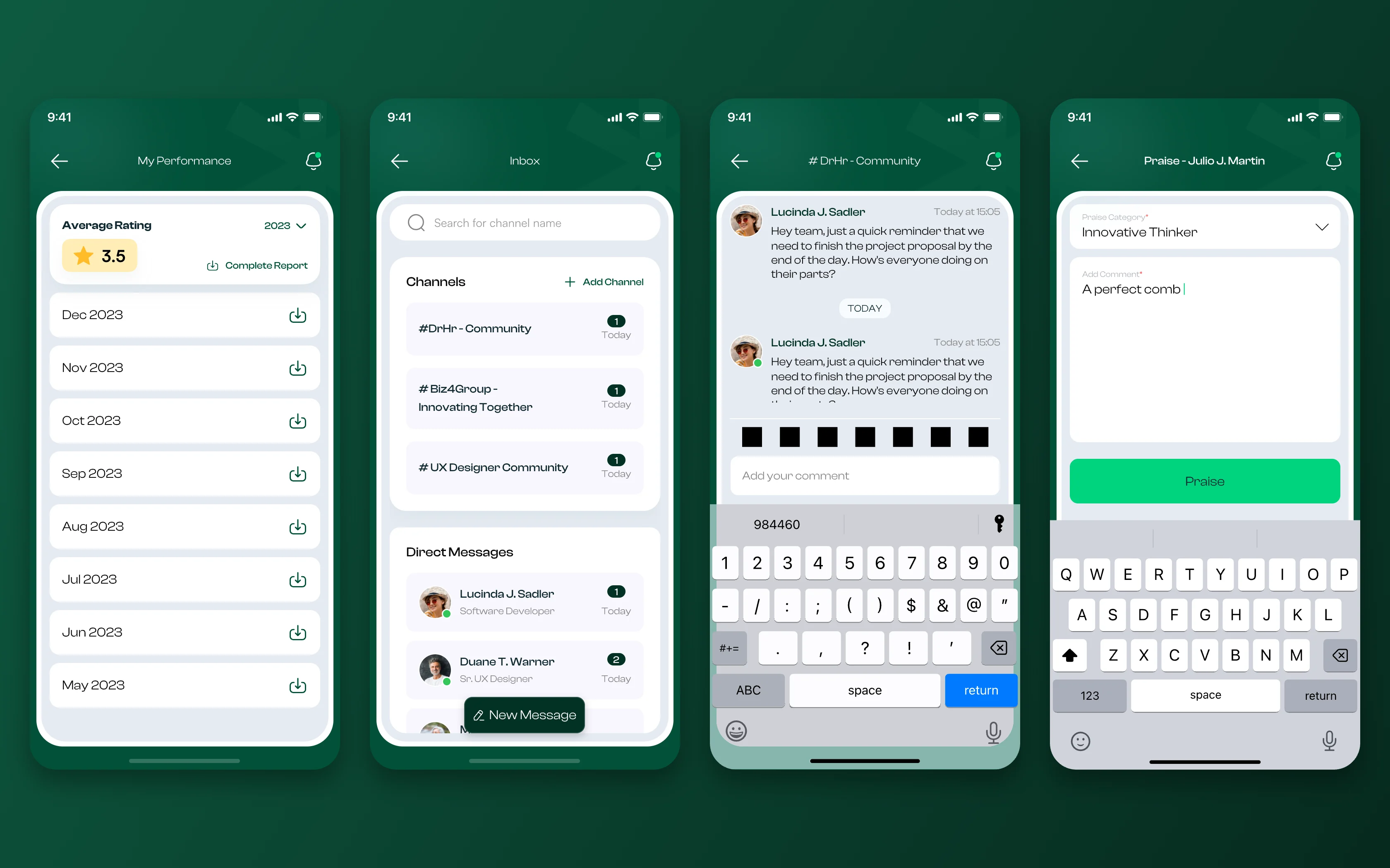 DrHR mobile: my performance with monthly reports, message channels, a channel thread and giving praise