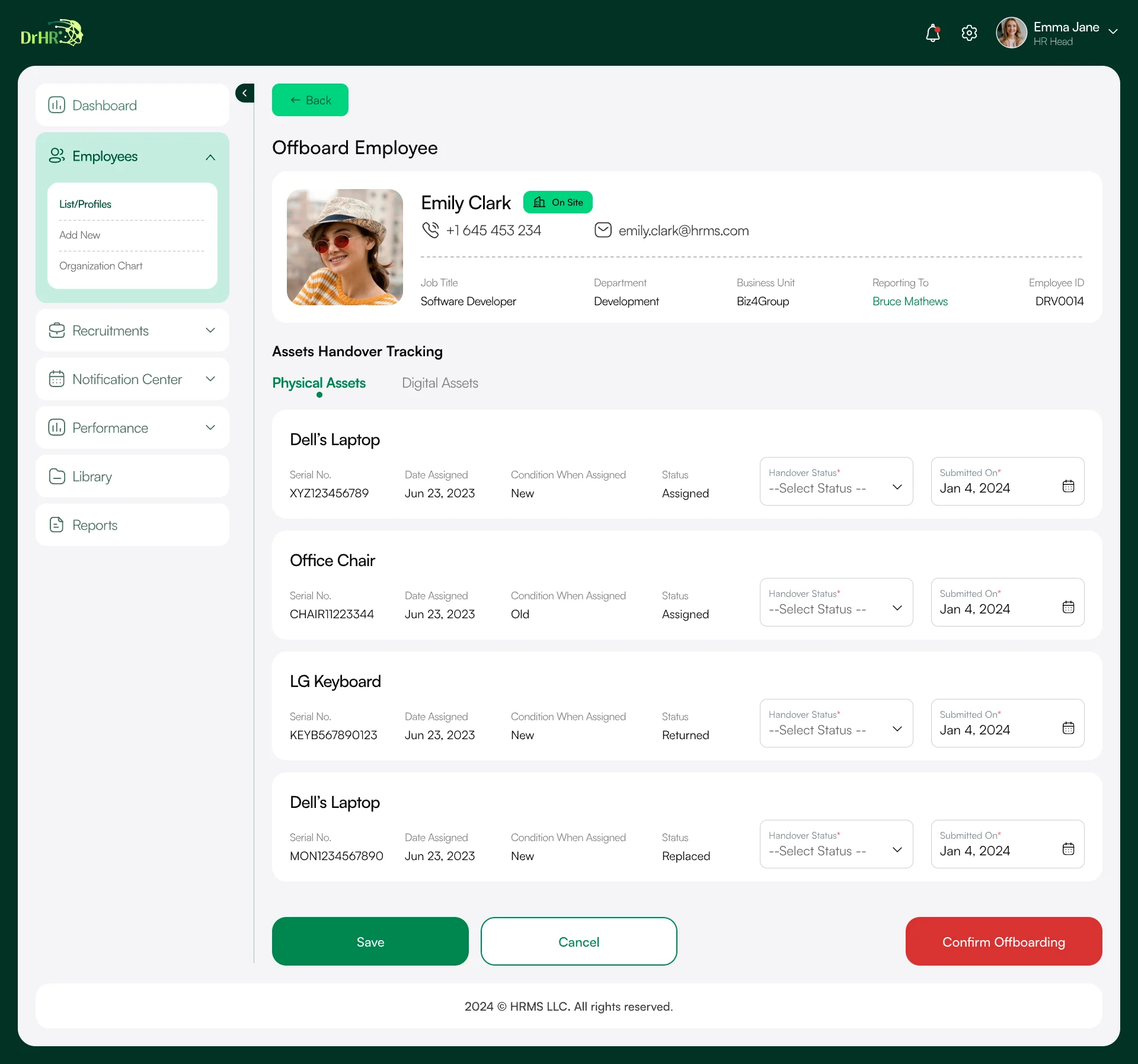 Offboard employee: assets handover tracking for physical assets such as laptop, chair and keyboard, with handover status and dates