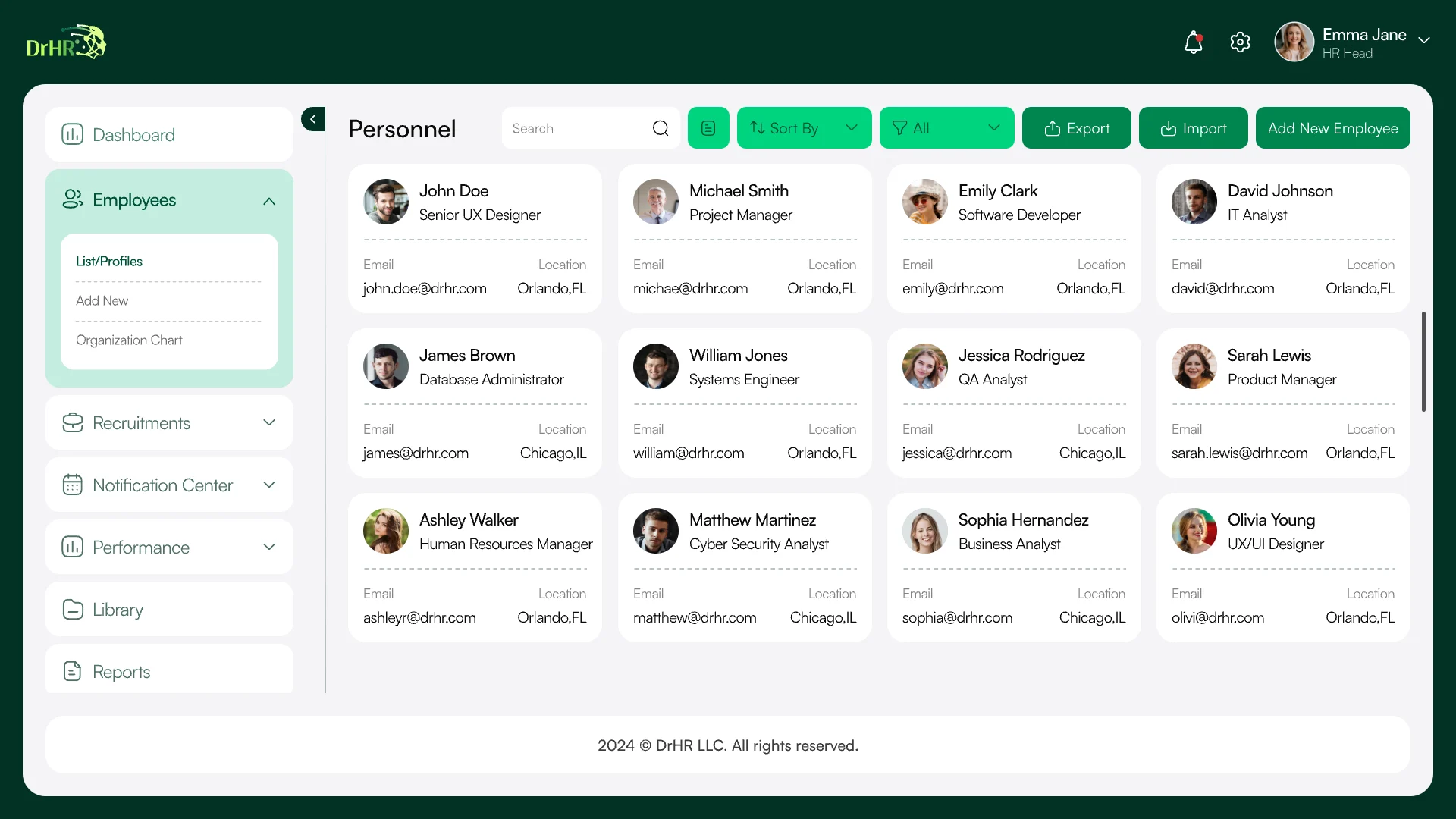 Personnel directory: employee cards with role, email and location, plus export, import and add employee