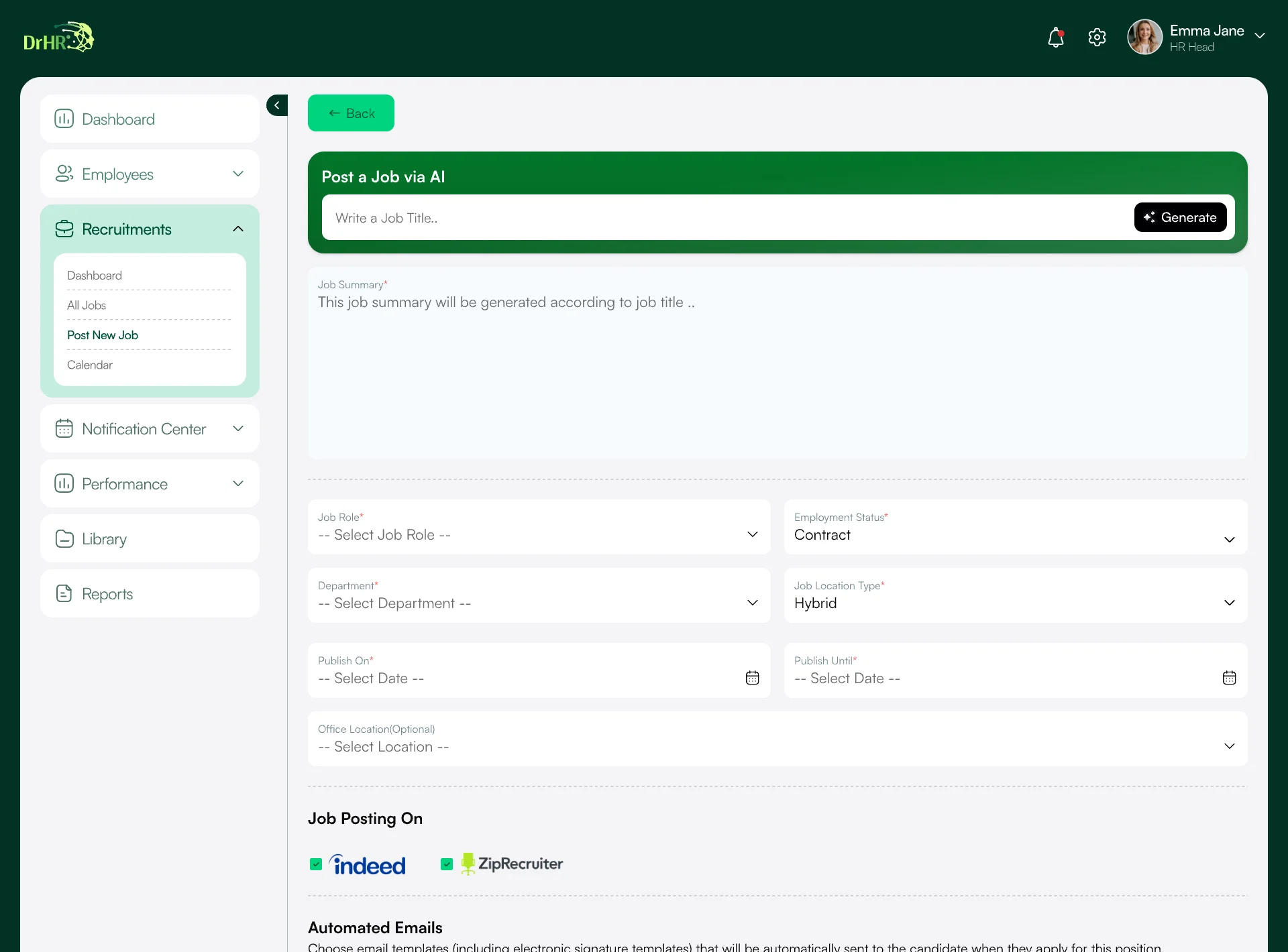 Post a Job via AI: a job title field with a Generate button, a job summary generated from the title, job details, job boards and automated candidate emails
