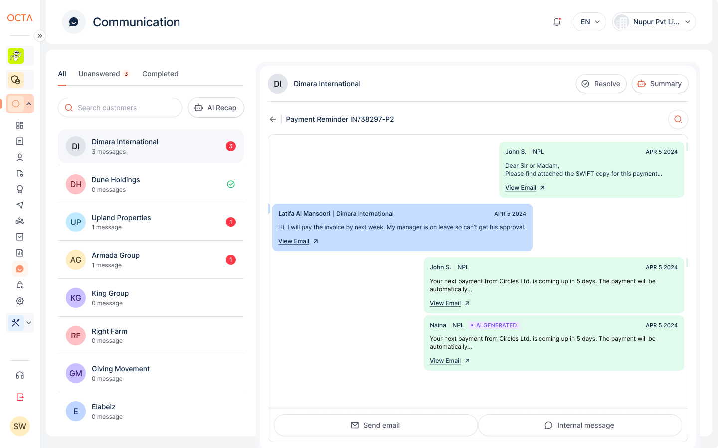 Communication inbox: customers with unanswered message counts, and an email thread for a payment reminder where an AI-generated reply is labelled as AI generated