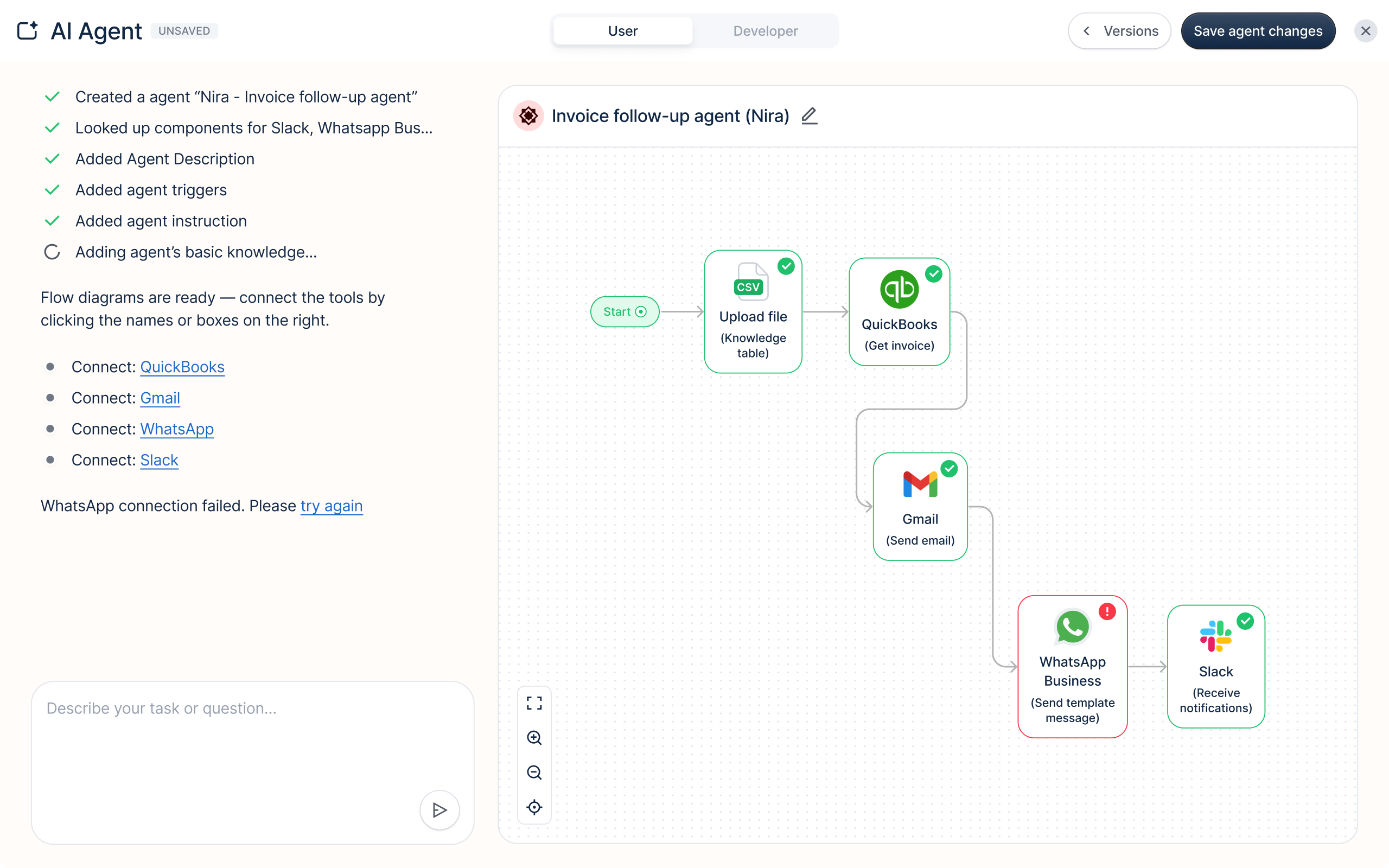 AI agent builder for an invoice follow-up agent: a setup checklist on the left and a flow connecting a CSV upload, QuickBooks, Gmail, WhatsApp and Slack on the right