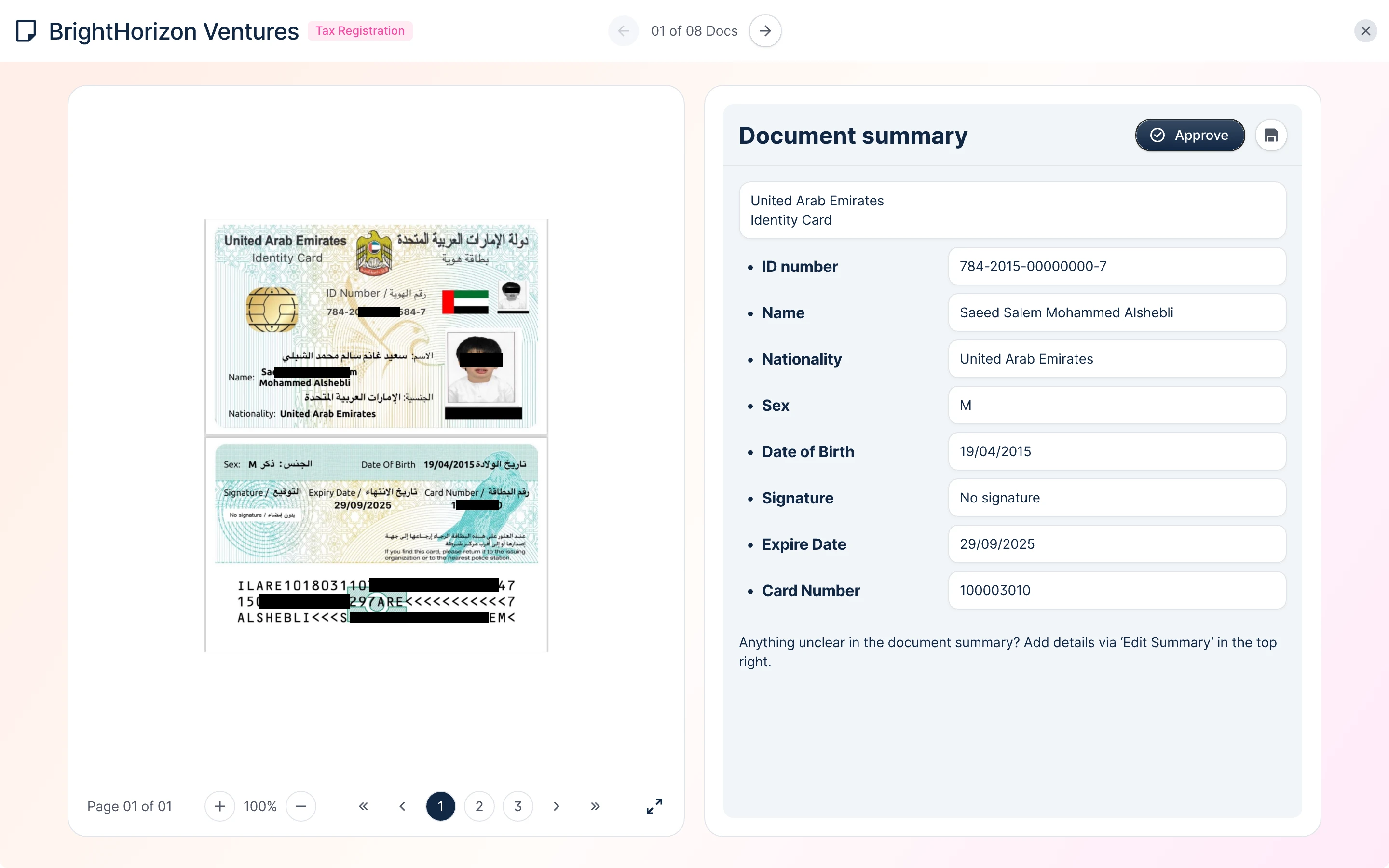 Document review: a sample Emirates ID on the left, and the fields OCR extracted from it on the right, ready to approve