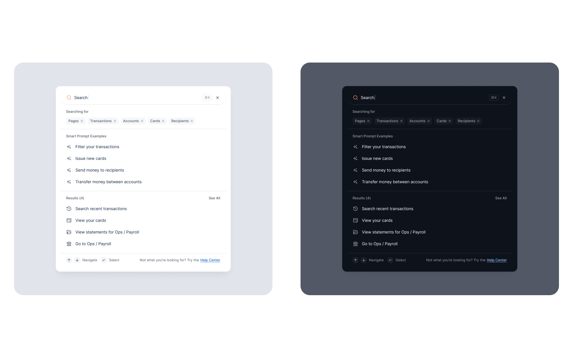 Command search in light and dark themes, with smart prompt examples and recent results