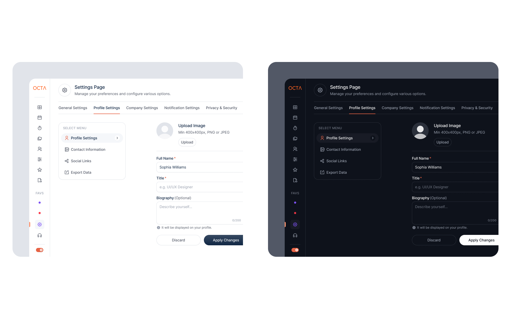 OCTA profile settings page in light and dark themes