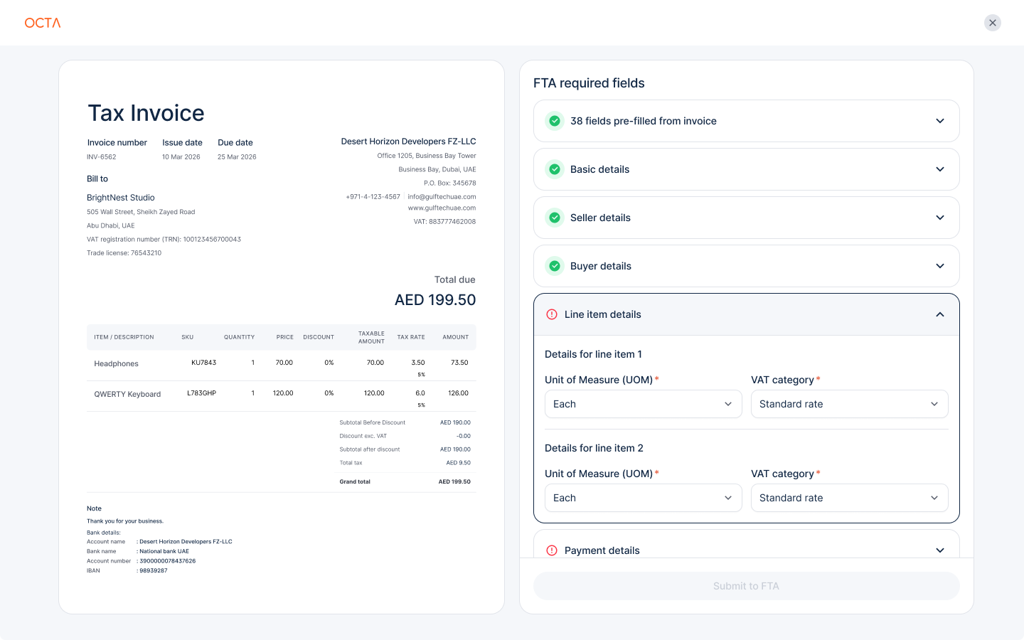 Tax invoice beside an FTA required-fields panel: 38 fields pre-filled from the invoice, grouped into basic, seller, buyer, line item and payment details