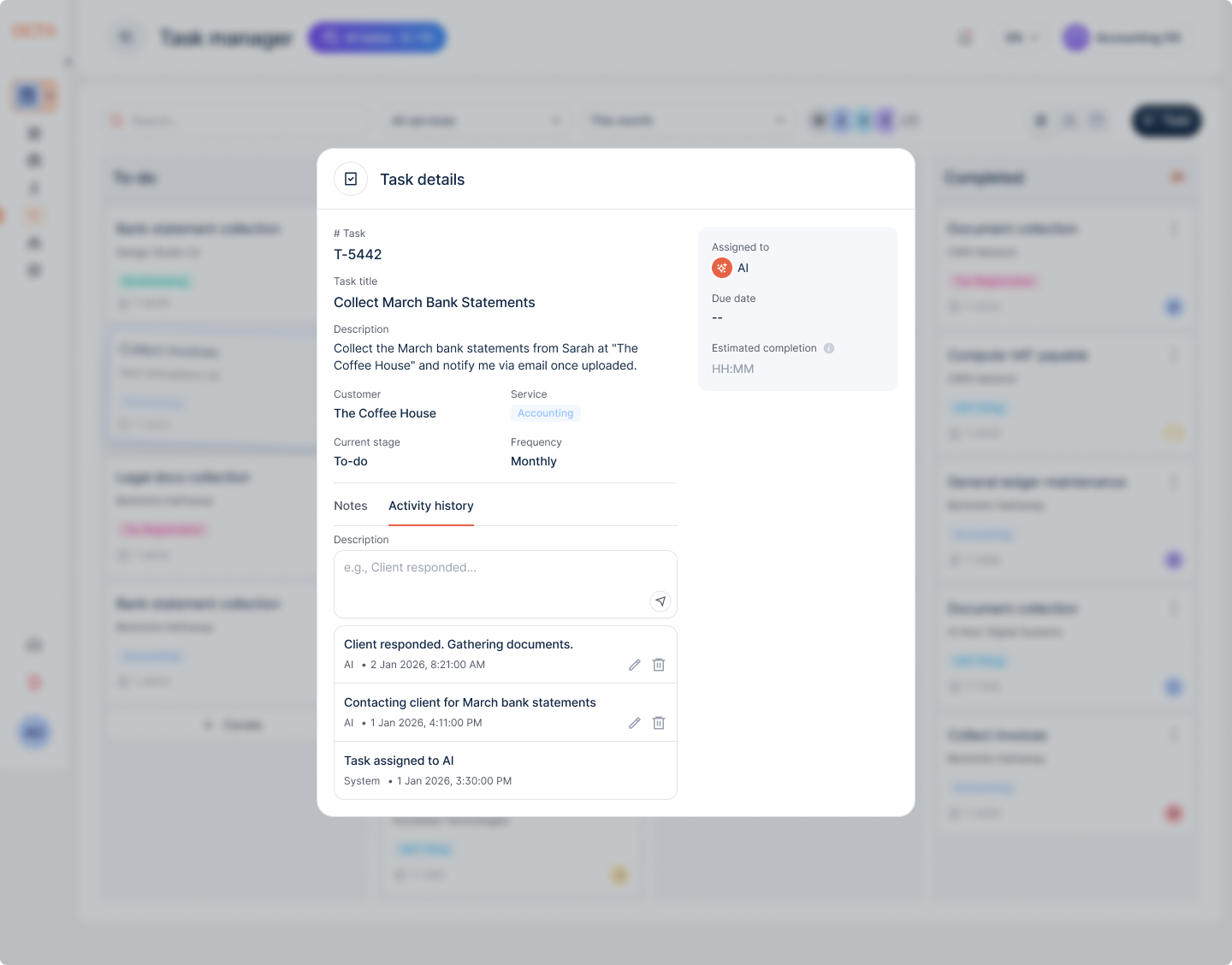 Task details for a task assigned to AI, with its activity history of AI steps