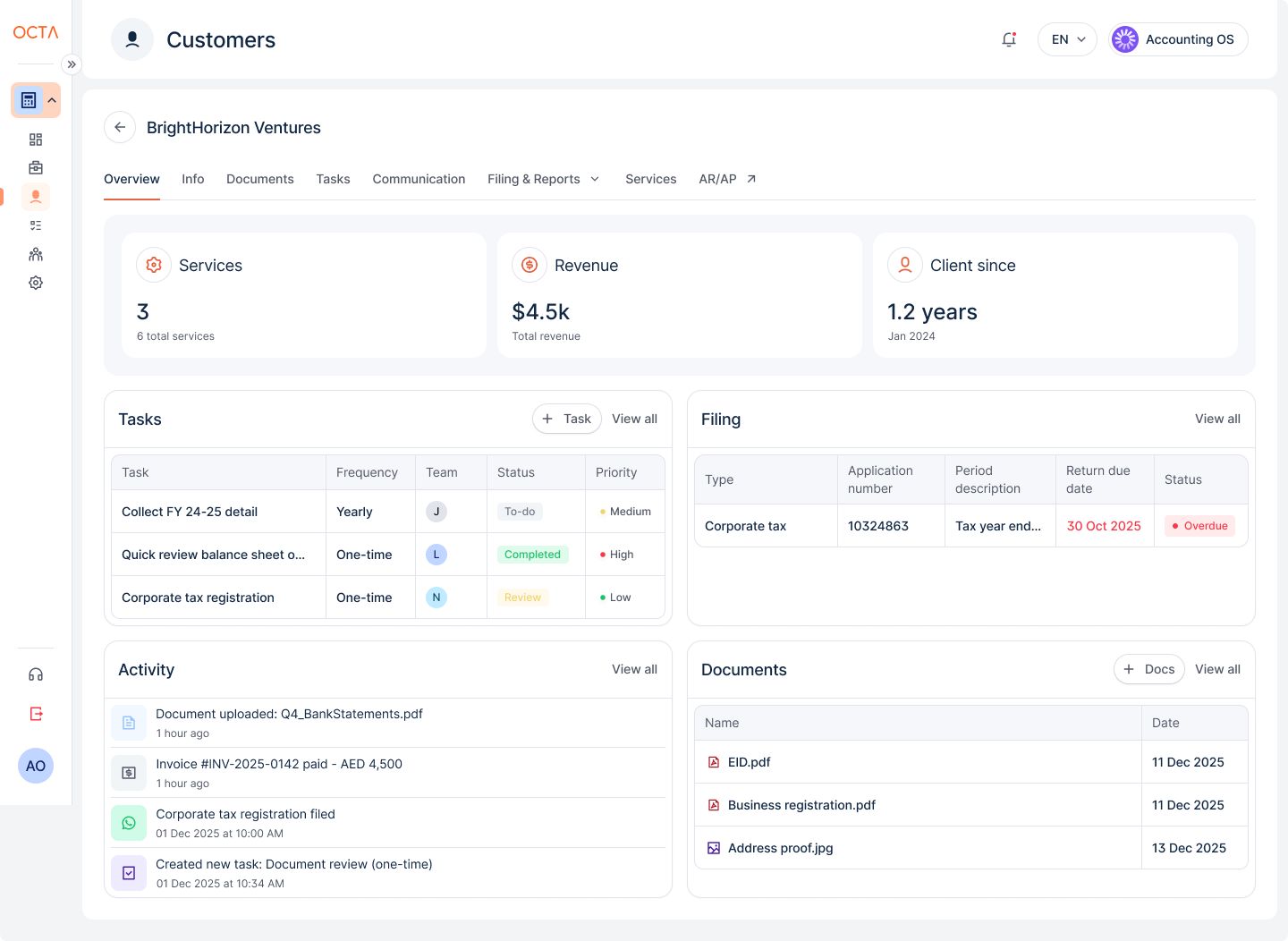 Client overview with services, revenue, client since, tasks, filings, activity and documents