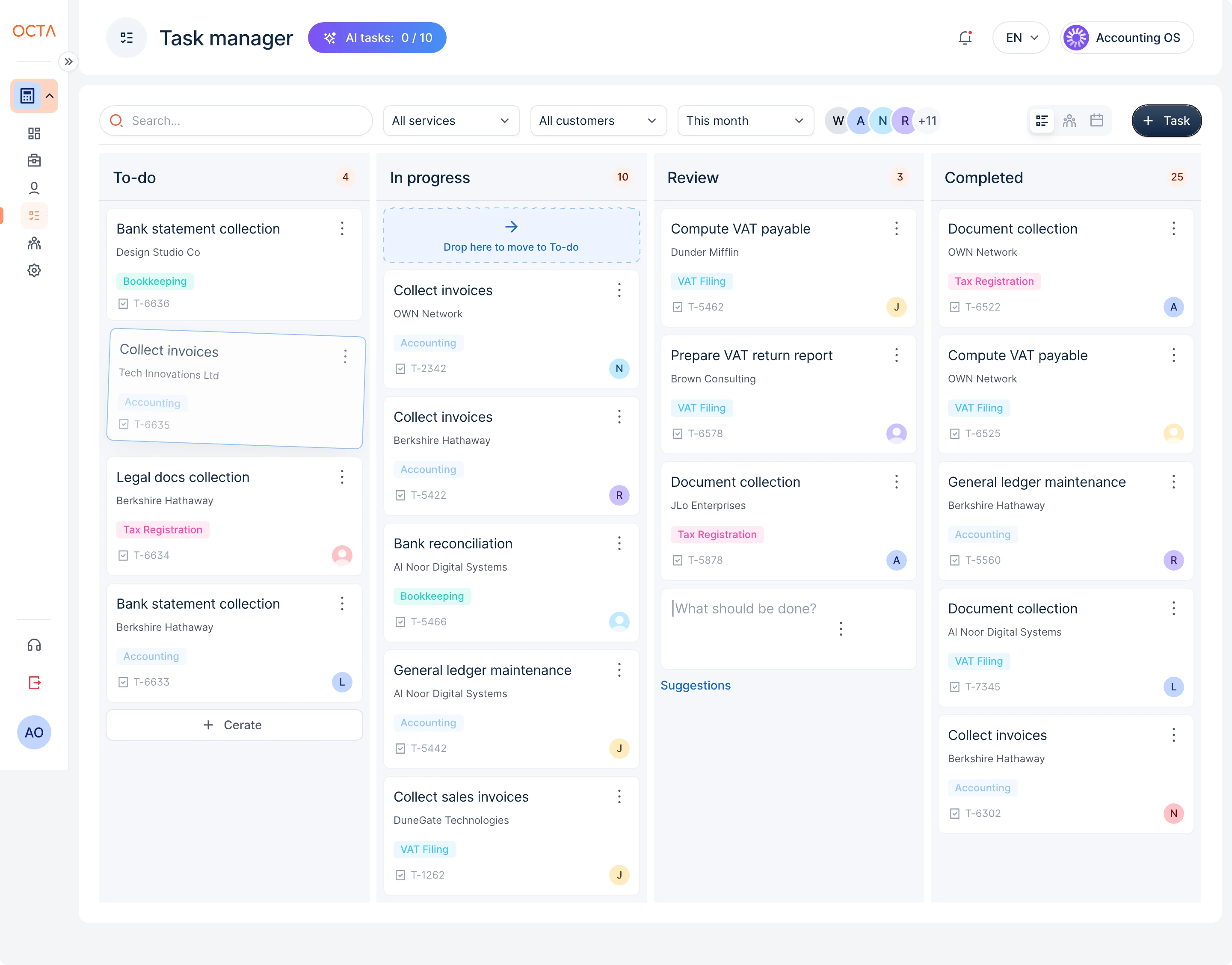 Task manager Kanban board with to-do, in progress, review and completed columns, and an AI tasks counter