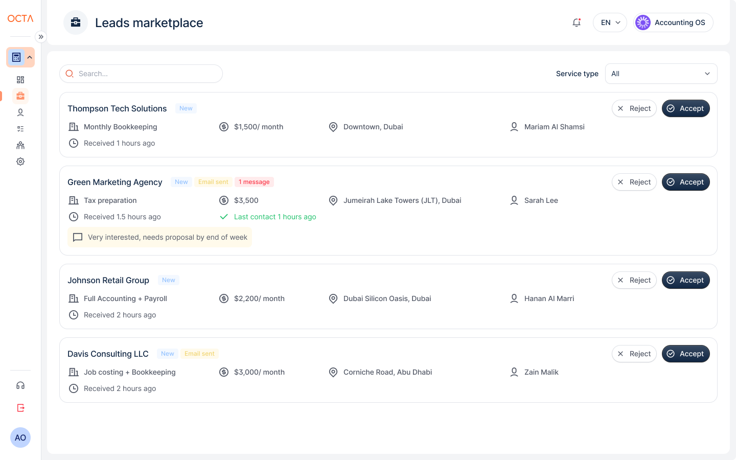 Leads marketplace listing new client requests with service type, monthly value, location and accept or reject buttons