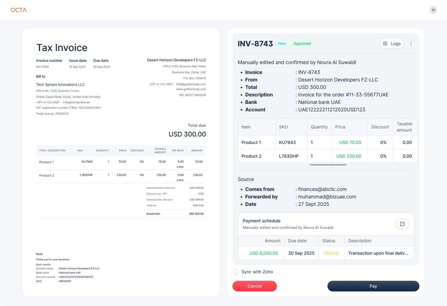 Approved supplier invoice: tax invoice preview beside the extracted details, the email it came from and its payment schedule