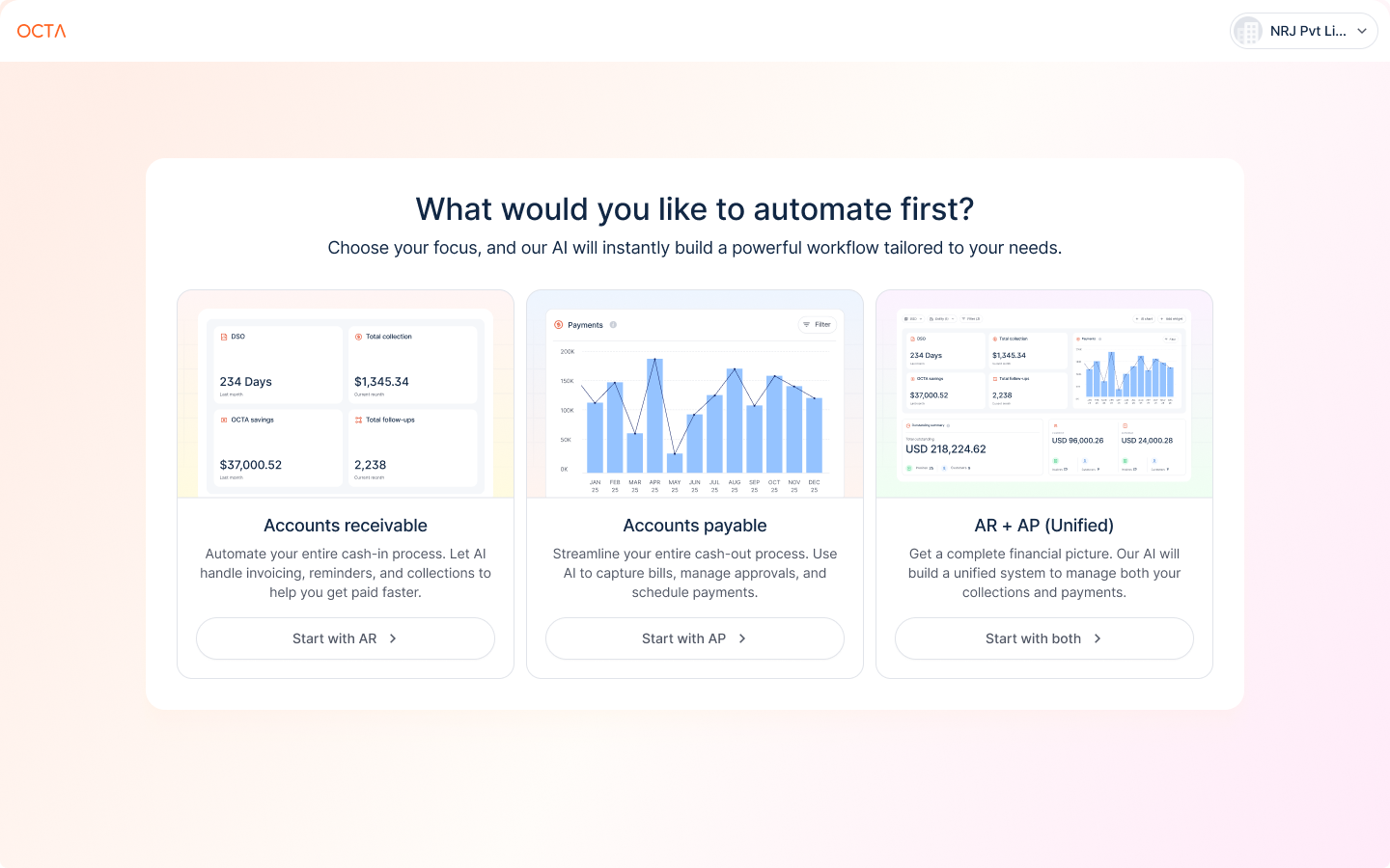 Onboarding screen asking what to automate first: accounts receivable, accounts payable or both