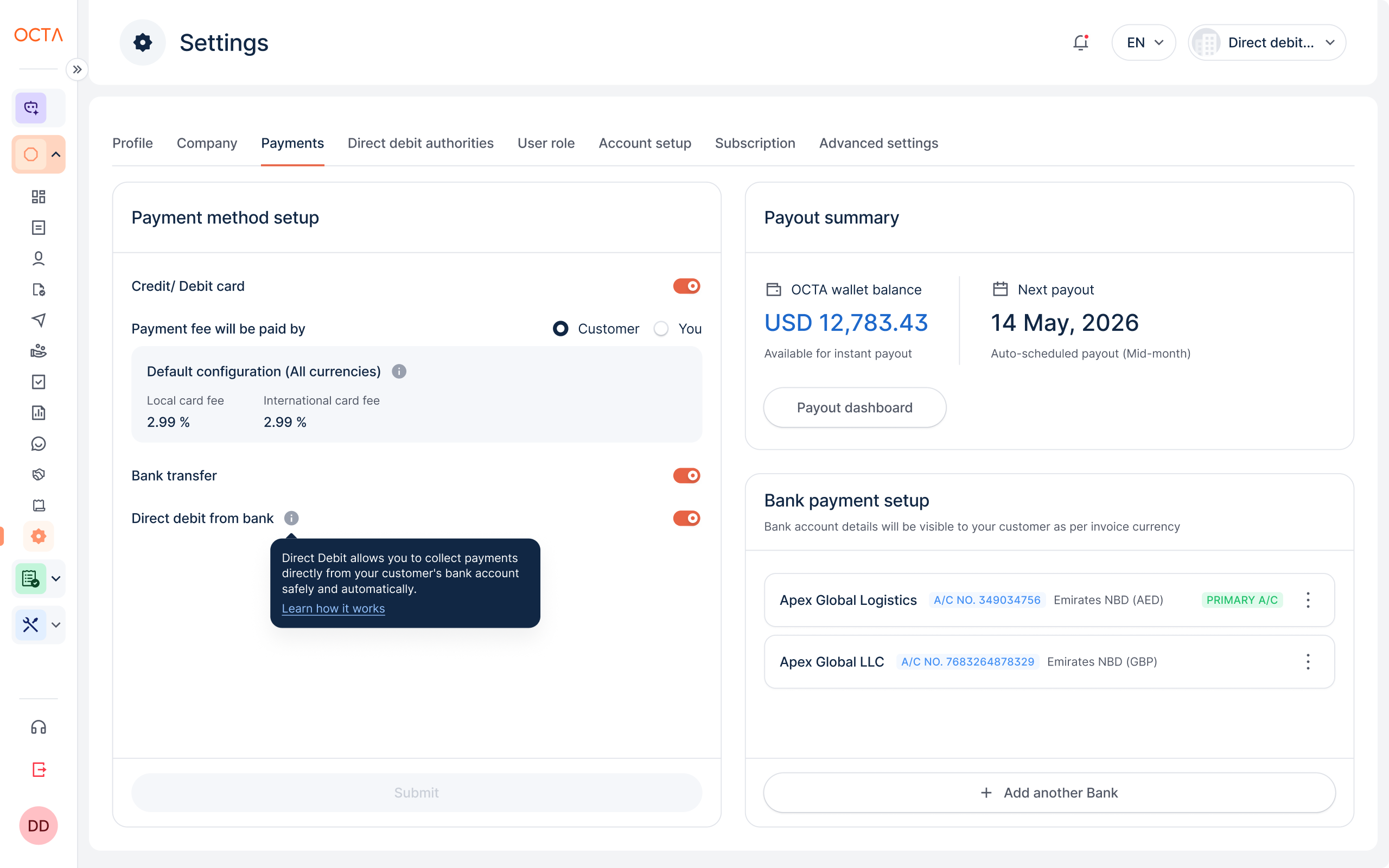 Payment settings: card, bank transfer and direct debit options, payout summary and bank accounts
