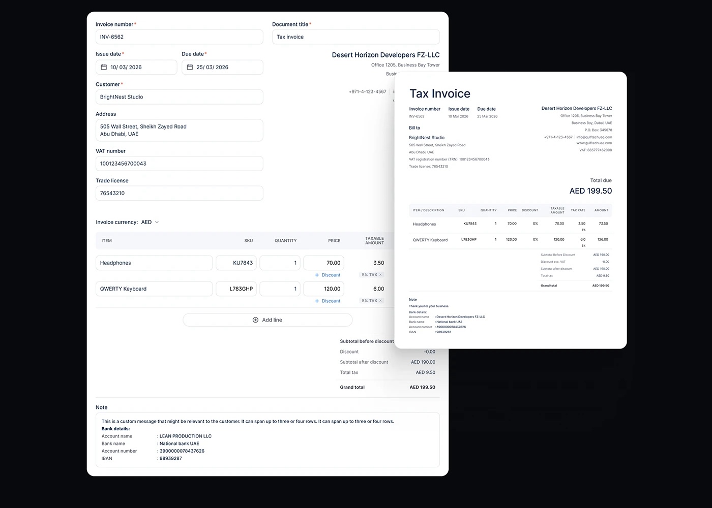 Invoice form with line items beside a live tax invoice preview