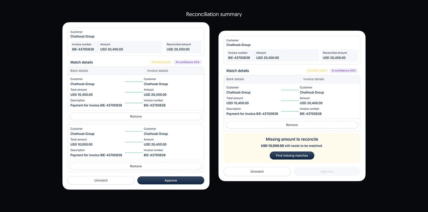 Reconciliation summary panel showing a missing amount and a find-missing-matches button