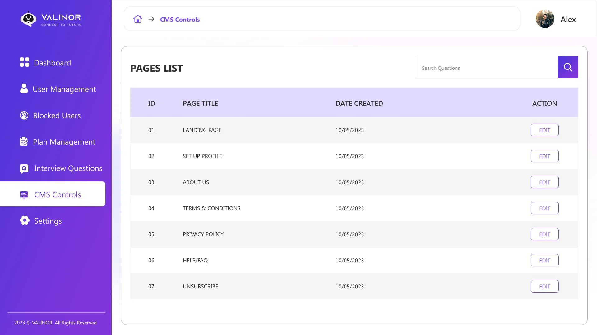 CMS controls: a list of website pages with edit buttons