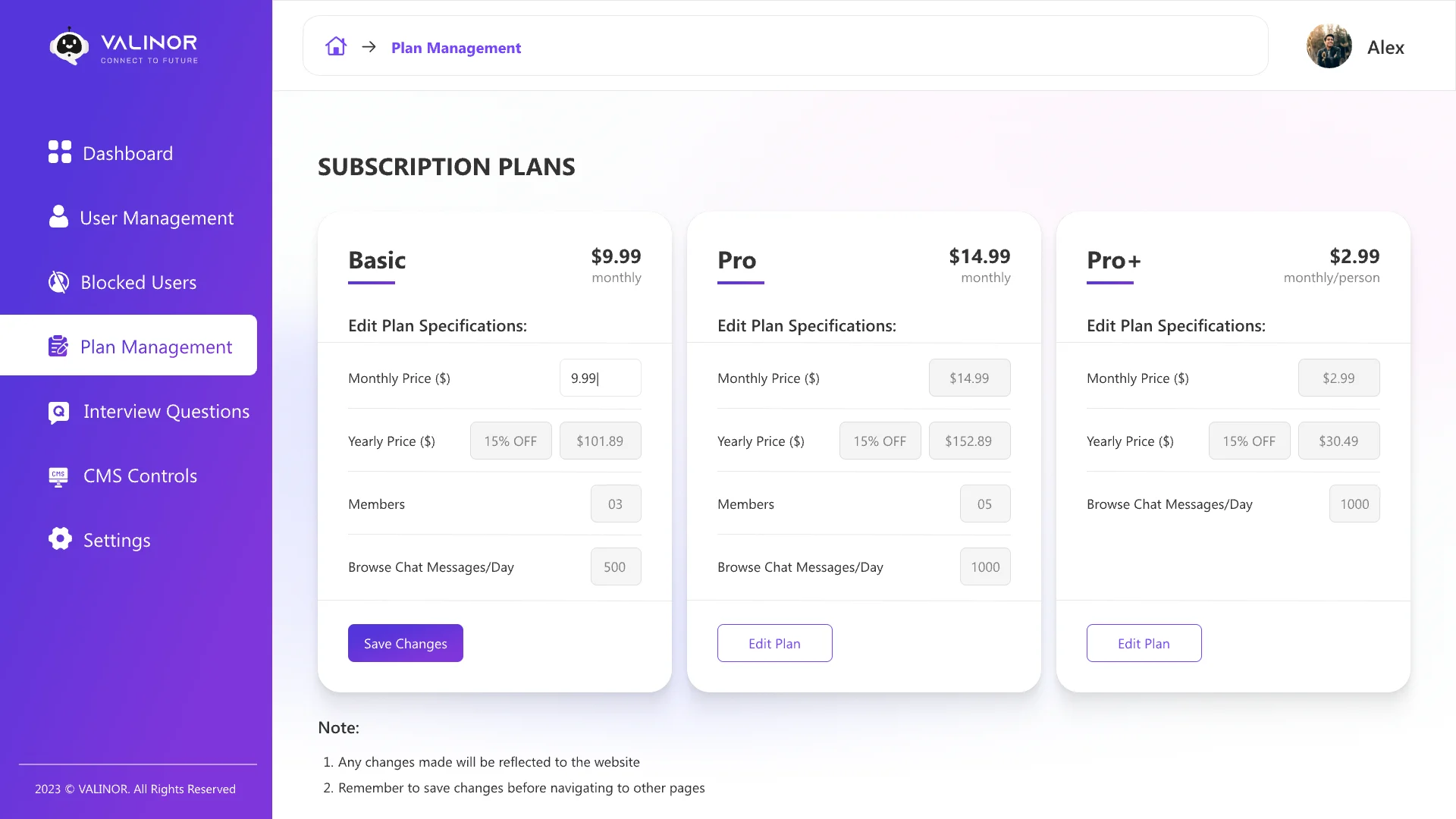 Plan management: Basic, Pro and Pro+ with editable monthly price, yearly discount, members and chat limits