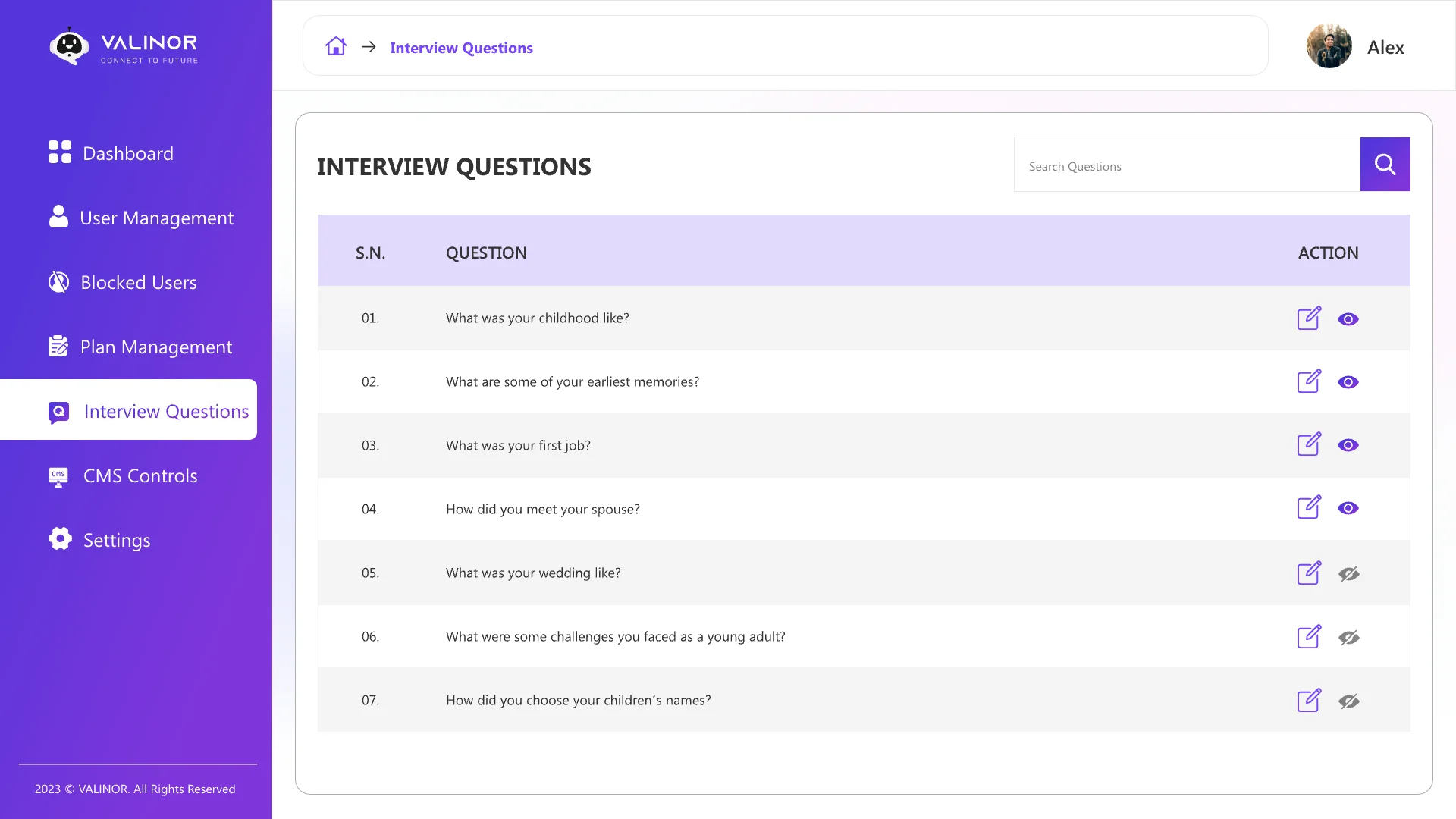 Interview questions list with edit and show or hide actions