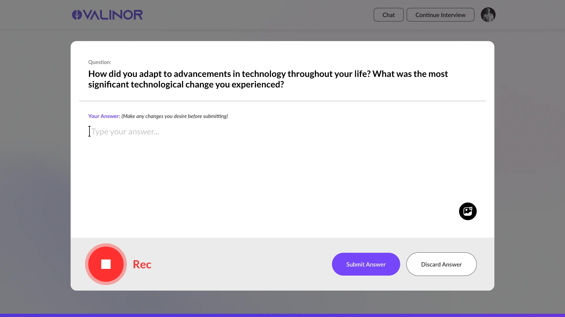 Answering by voice: the question at the top, an answer box that fills in from the recording, a recording button and submit or discard