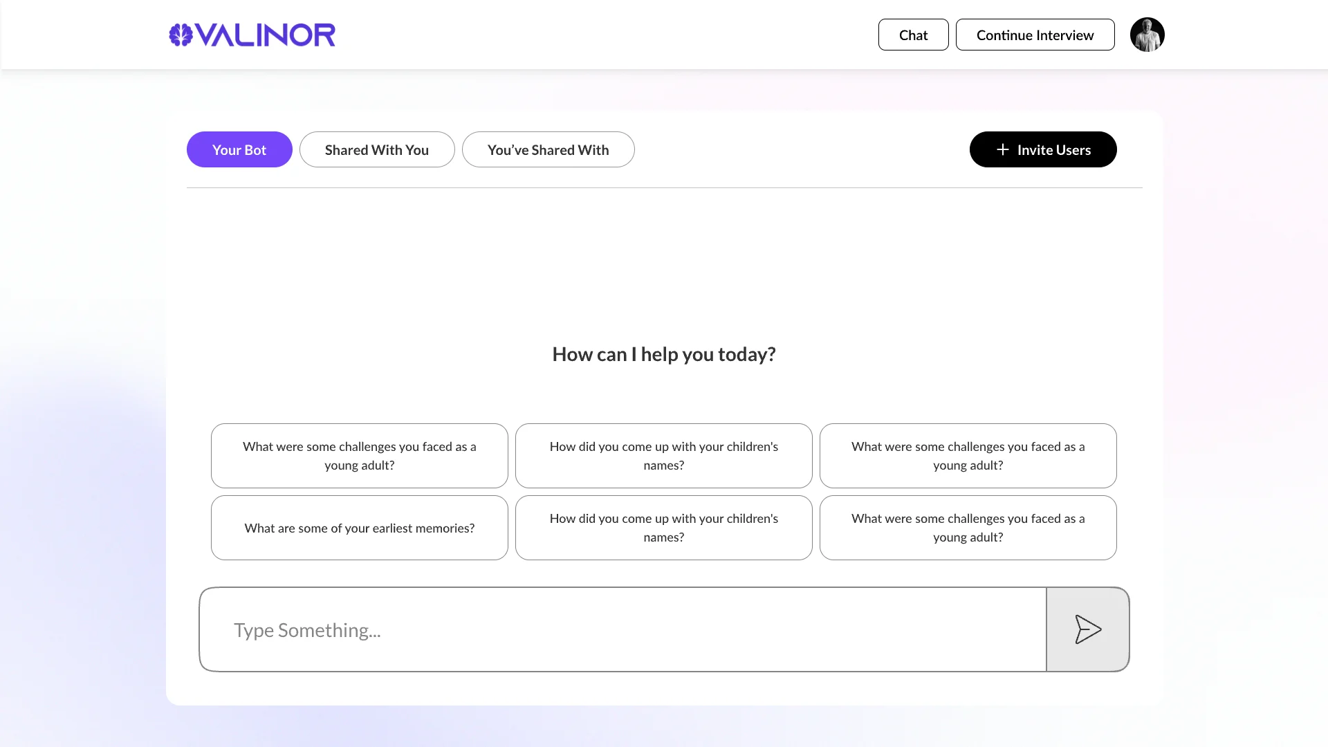 Chat with the digital twin: your bot, shared with you and you’ve shared with, sample prompts and a message box