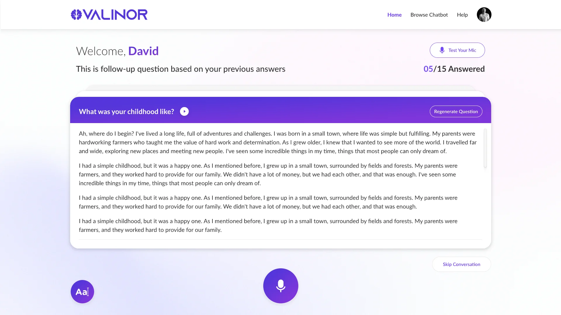 Interview follow-up: an AI question based on previous answers with the long answer below, a microphone button and skip conversation
