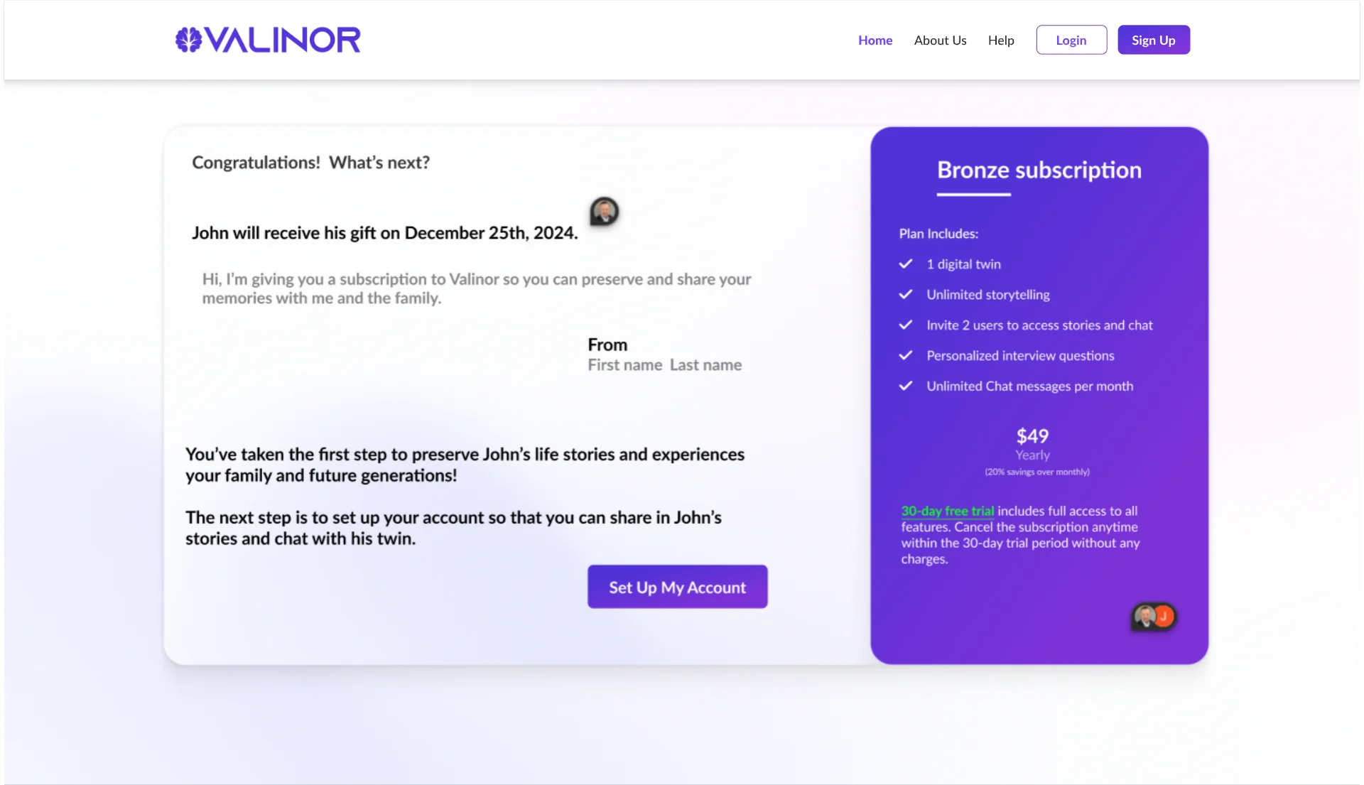 Gift confirmation: the recipient will receive the gift on a date, with the next step to set up an account