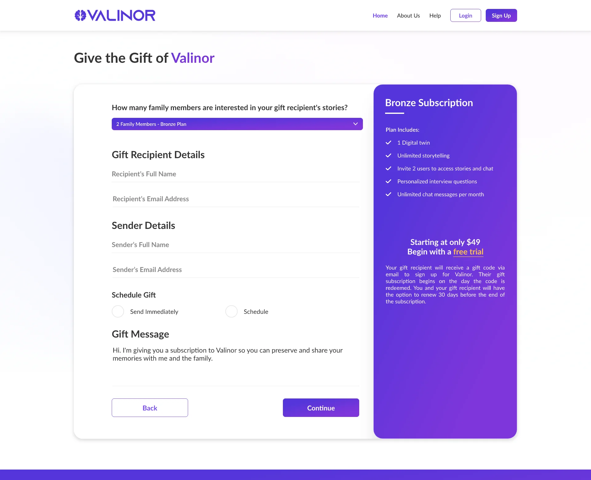 Give the gift of Valinor: number of family members, recipient and sender details, schedule and a gift message, next to the Bronze subscription