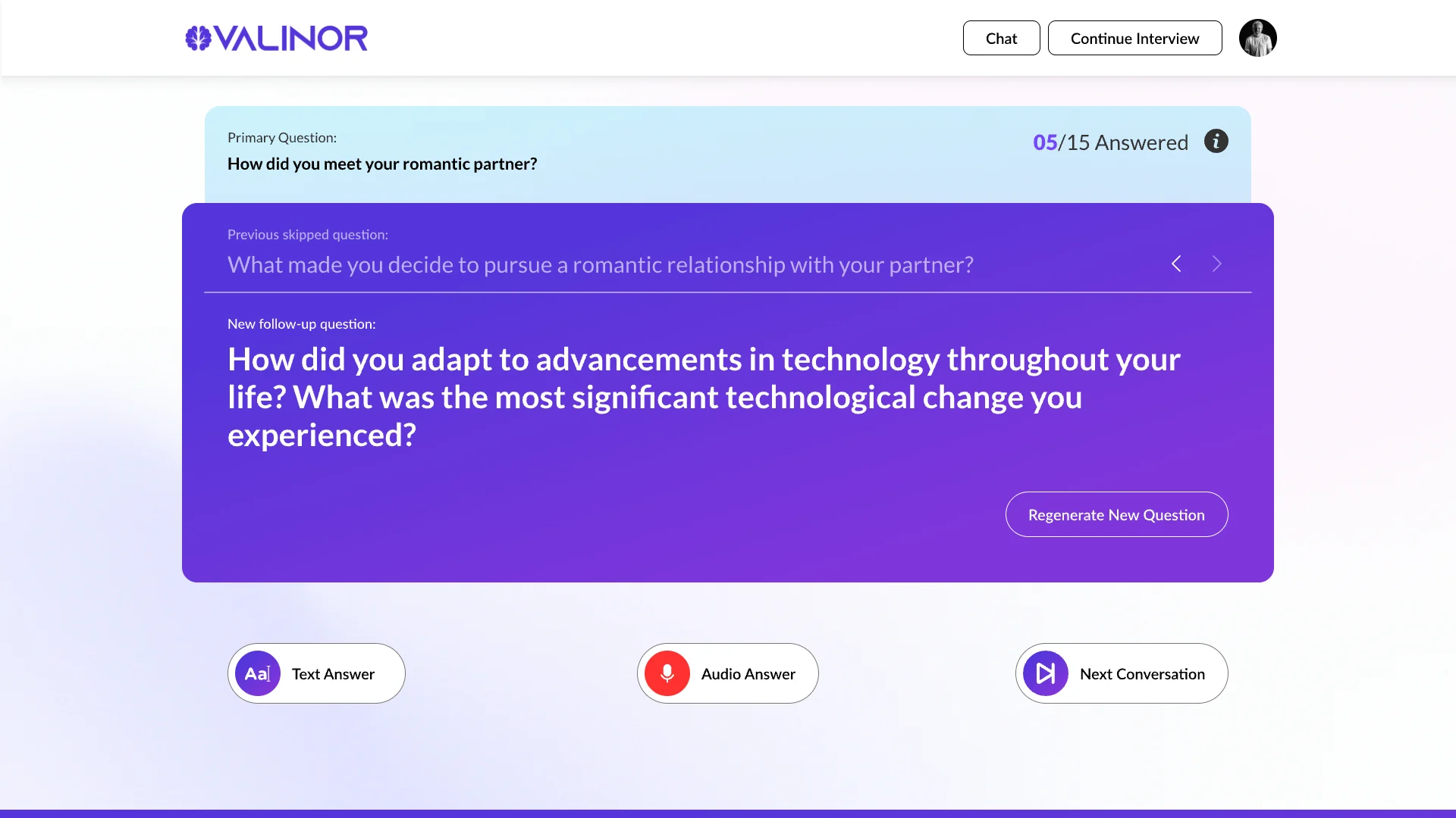 Valinor interview screen: a parent question and an AI follow-up question, with options to answer by text, answer by audio or move to the next conversation