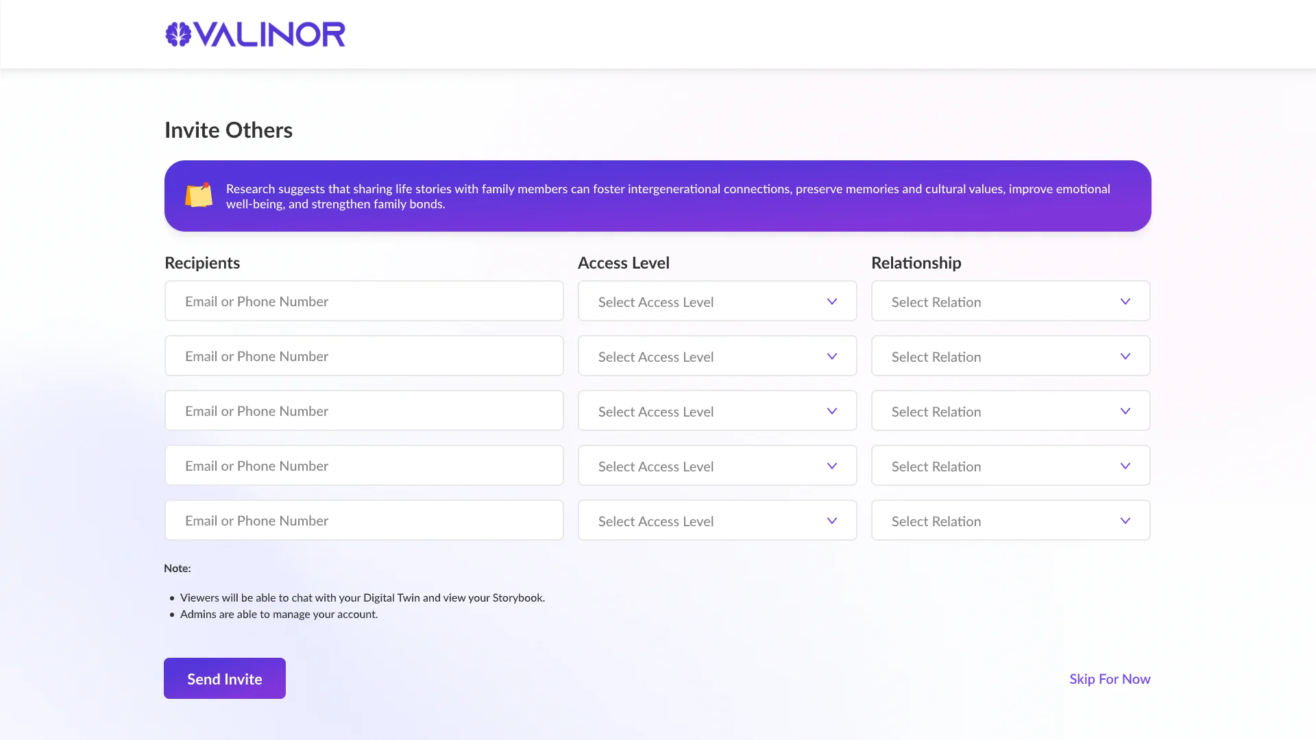 Invite others: recipients by email or phone, access level and relationship