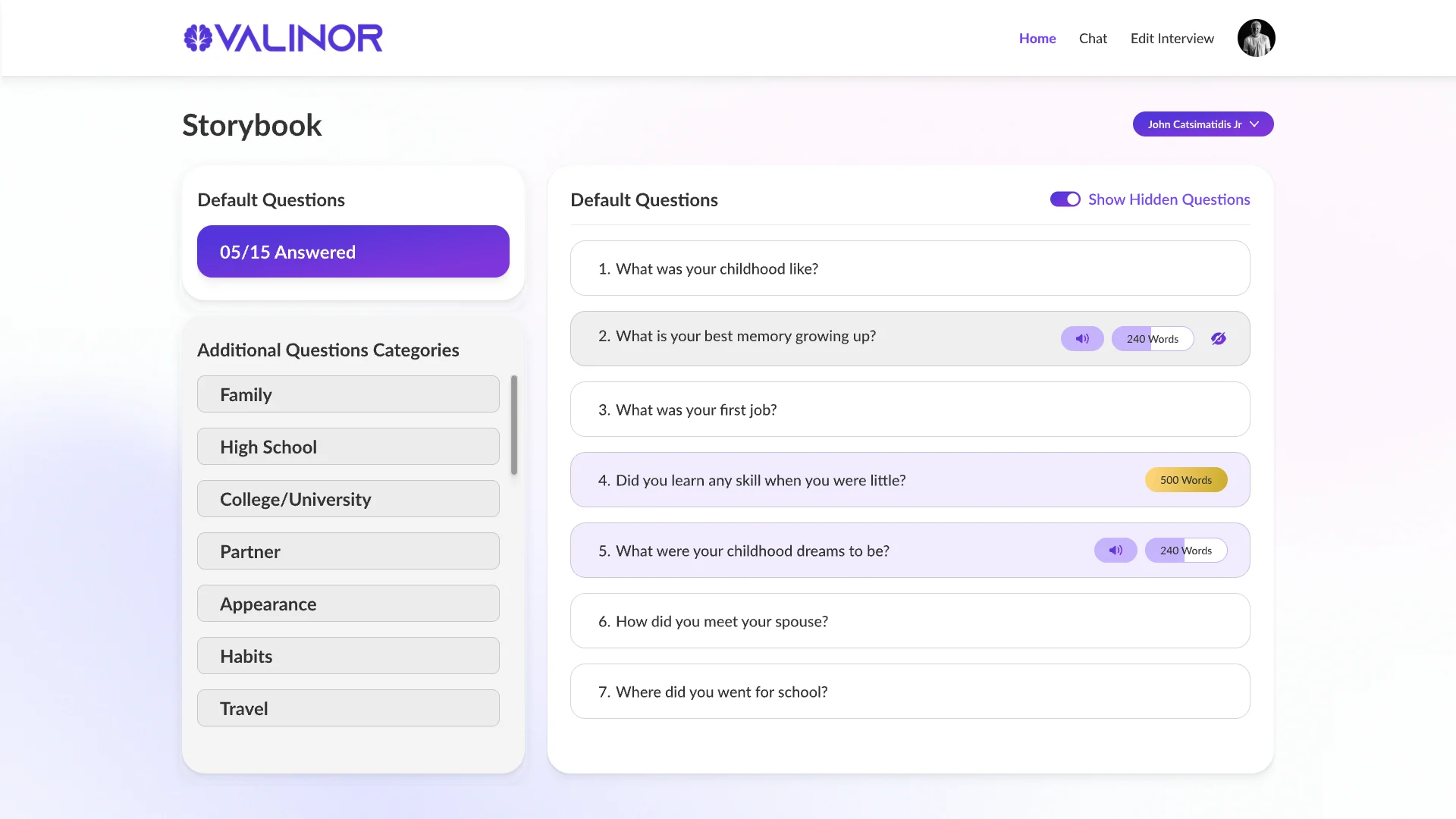 Storybook questions: default questions with progress, additional categories such as family, high school, college, partner, appearance, habits and travel