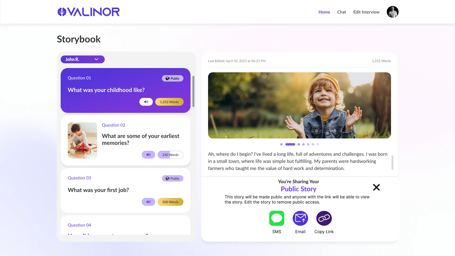 Sharing a public story by SMS, email or copied link