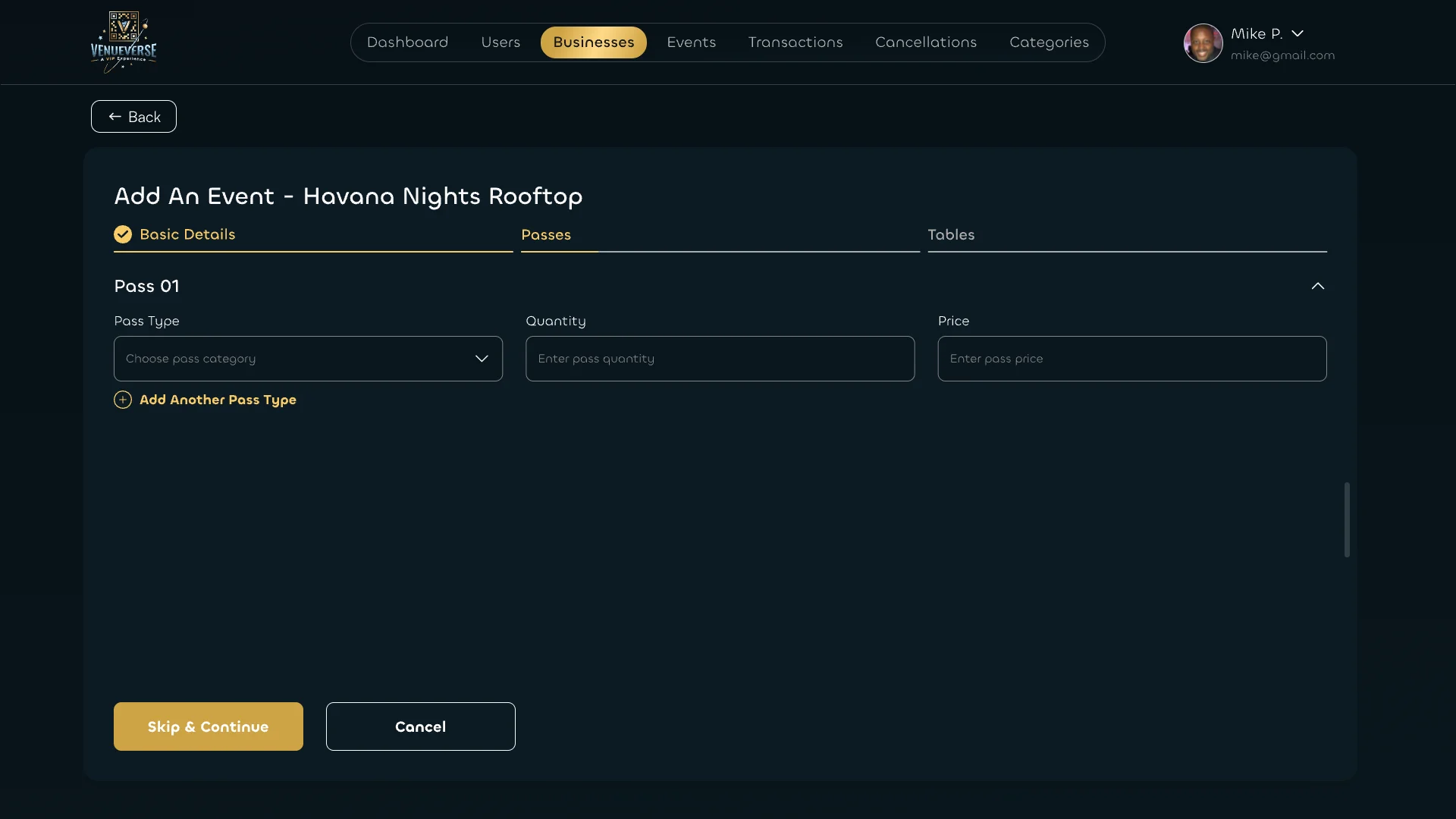 Adding an event’s passes: pass type, quantity and price, with another pass type option