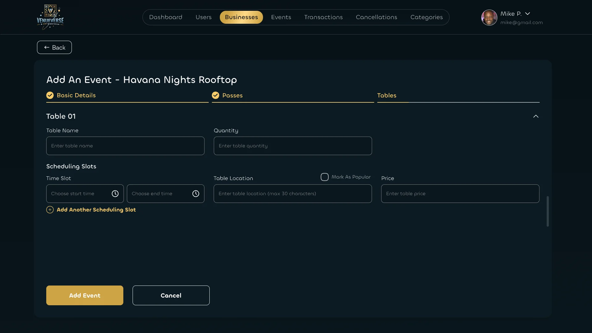 Super Admin: adding an event’s tables with names, quantity, scheduling slots, table location and price