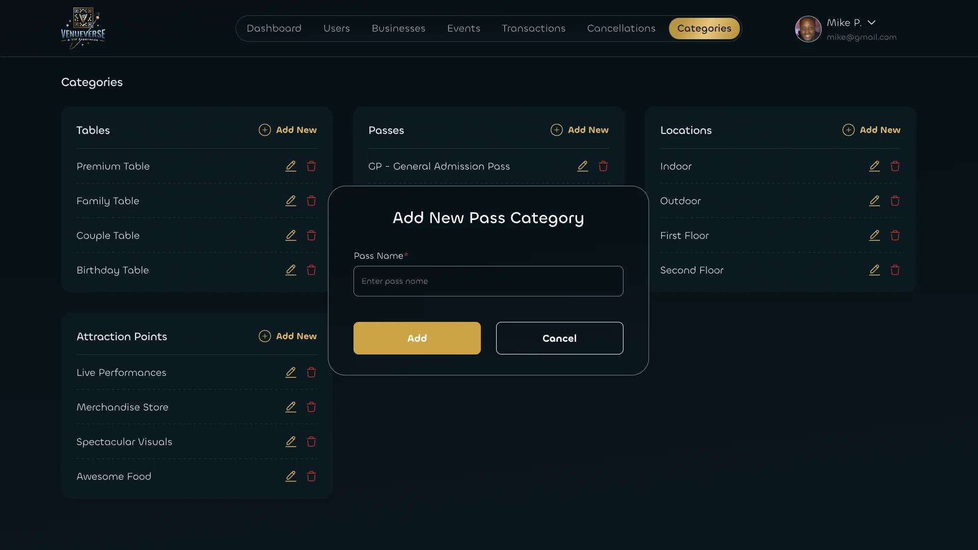 Categories for tables, passes, locations and attraction points, with an add-new-category dialog