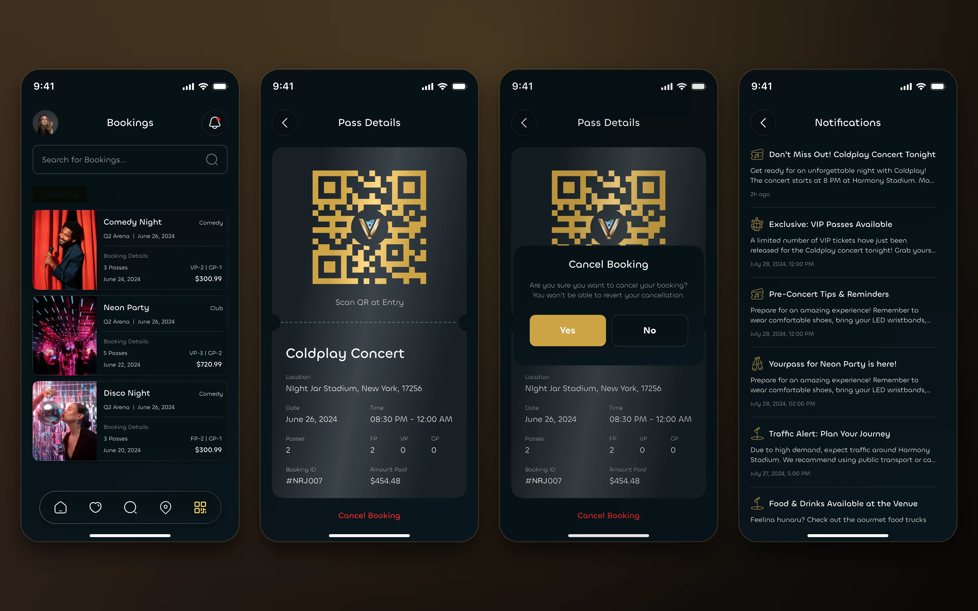 Bookings list, a pass with its QR code and booking ID, a cancel-booking confirmation and notifications
