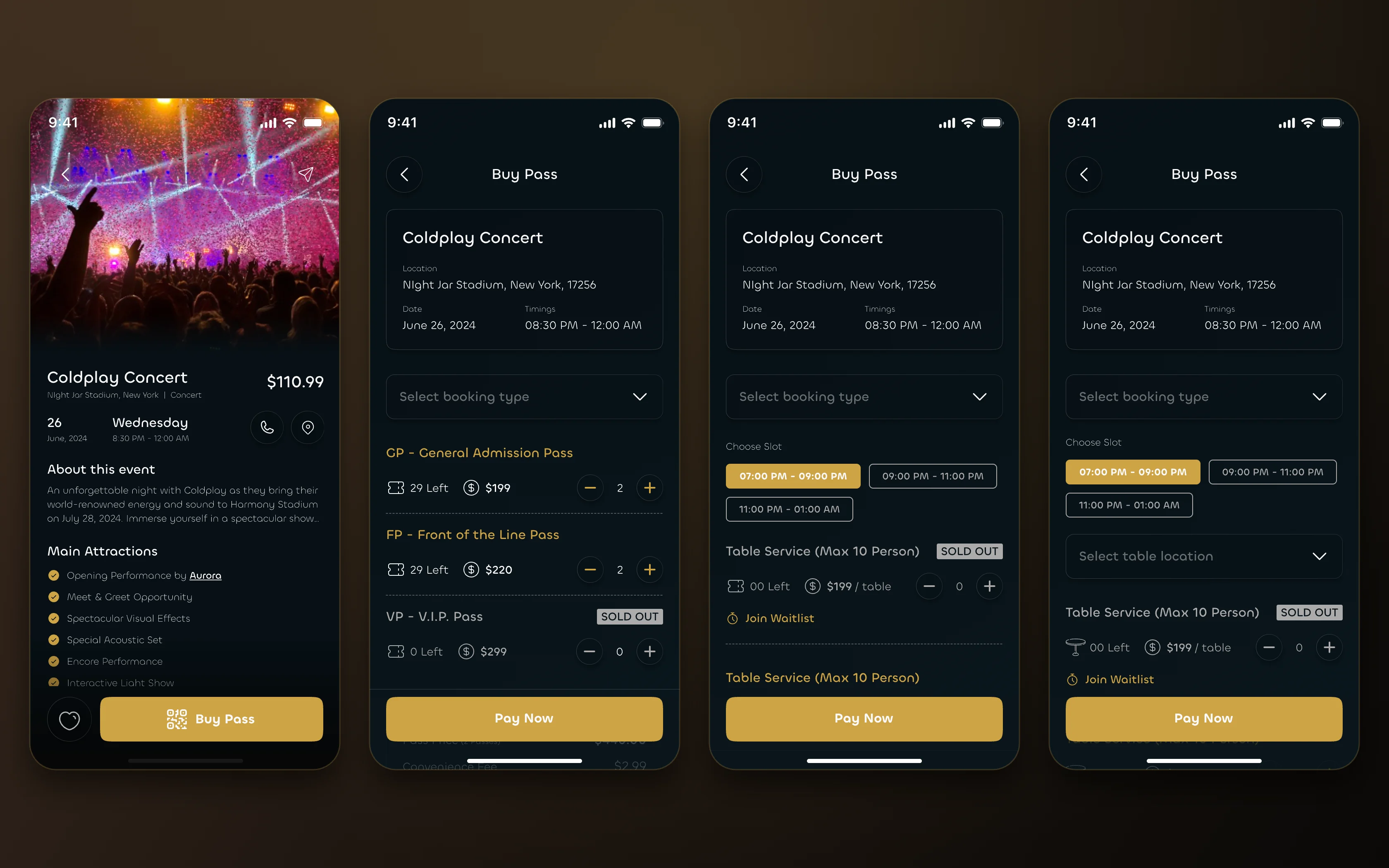 Event details, then the same Buy screen showing pass types, then table slots, then table location