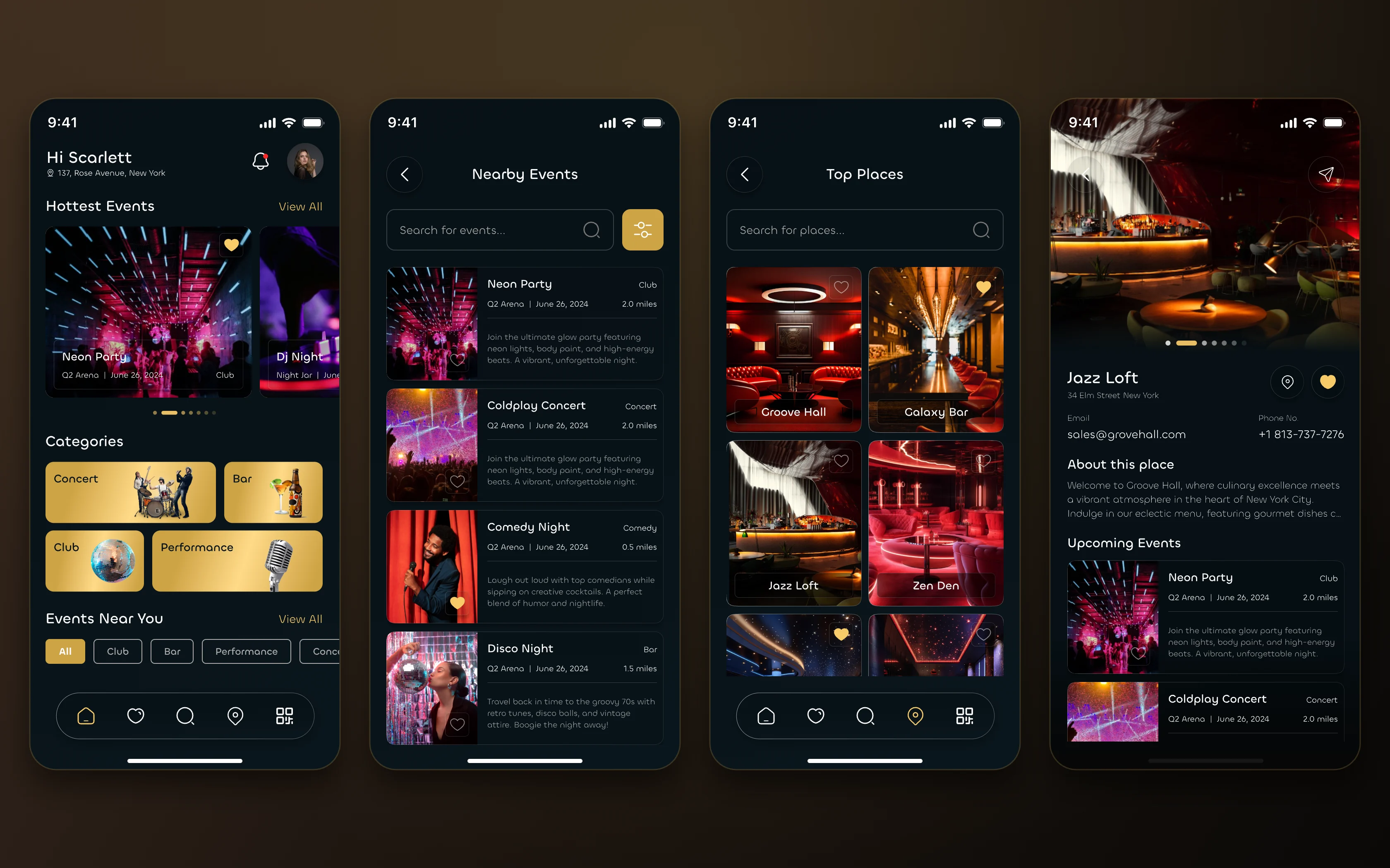 Venue Verse home with hottest events and categories, nearby events, top places and a place page with upcoming events